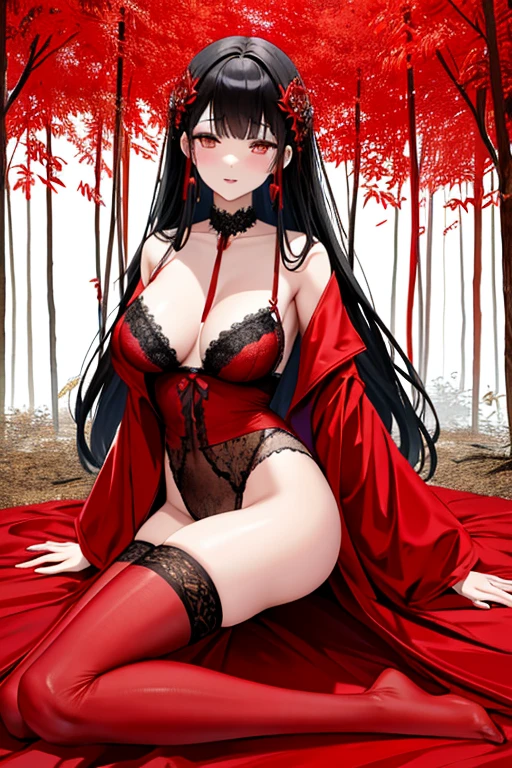 raffed woman in lingerie posing on a bed with a red rose, lingerie, very sexy devil outfit, Red and Black costume!!!, wearing sexy lingerie, laced lingerie, Black and Red, attractive, Fantasy Costume, Black and Red silk clothing, Black and Red only, lingerie!!, silk, Teasing, Red and Black, sexy, sexy :8, tumbler、Surreal Waigi Flowers, Soft Light Misty, Magic Flower, A flower with very long petals, Glowing Flower, Alien Flower, Beautiful images, Shiny delicate flowers, Stunningly beautiful,Higanbana、Amaryllis、a close up of a field of Red flower in a forest, Red flowerが咲く, Light but dark red, A glimpse of red, Red flower, Very red color, Red Forest, bright red, bright red colors, Red flower of different types, bright red and green colours, In the world of red dreams, Red magic surrounds her, Red Iris、 Japanese House, Amazing light reflection, Traditional Japanese colors, Gorgeous composition, Magical colors and atmosphere, Black Hairの、Black Hair、Black Hairの姫カット、Black Hairのロング、hair ornaments、hairpin、Decorate your hair with flowers、Decorate your hair with flowersびら、The most beautiful woman、wonderful、Stylish、Exquisite style、dual、Iris、Seductive eyes、Strand、Strand間