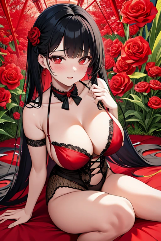 raffed woman in lingerie posing on a bed with a red rose, lingerie, very sexy devil outfit, Red and Black costume!!!, wearing sexy lingerie, laced lingerie, Black and Red, attractive, Fantasy Costume, Black and Red silk clothing, Black and Red only, lingerie!!, silk, Teasing, Red and Black, sexy, sexy :8, tumbler、Surreal Waigi Flowers, Soft Light Misty, Magic Flower, A flower with very long petals, Glowing Flower, Alien Flower, Beautiful images, Shiny delicate flowers, Stunningly beautiful,Higanbana、Amaryllis、a close up of a field of Red flower in a forest, Red flowerが咲く, Light but dark red, A glimpse of red, Red flower, Very red color, Red Forest, bright red, bright red colors, Red flower of different types, bright red and green colours, In the world of red dreams, Red magic surrounds her, Red Iris、 Japanese House, Amazing light reflection, Traditional Japanese colors, Gorgeous composition, Magical colors and atmosphere, Black Hairの、Black Hair、Black Hairの姫カット、Black Hairのロング、hair ornaments、hairpin、Decorate your hair with flowers、Decorate your hair with flowersびら、The most beautiful woman、wonderful、Stylish、Exquisite style、dual、Iris、Seductive eyes、Strand、Strand間