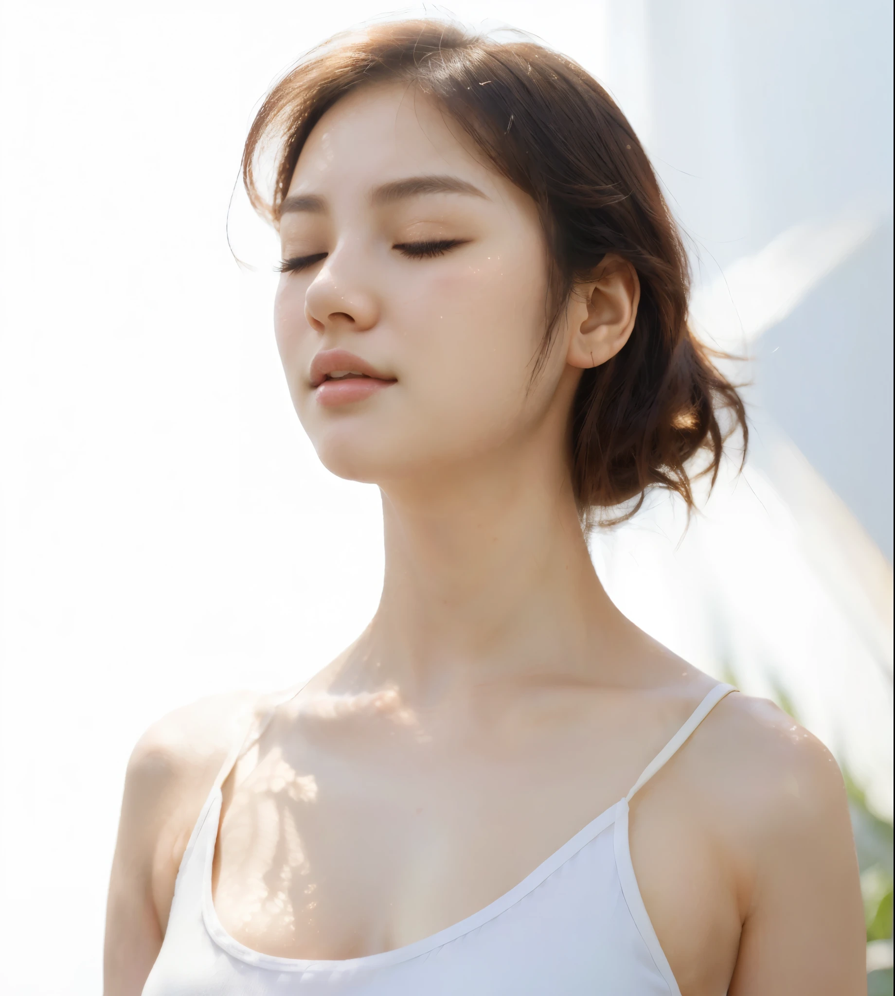 a woman with her eyes closed and her eyes closed, wearing a white tank top, beautiful south korean woman, feminine beautiful face, beautiful young korean woman, hot with shining sun, light effect. feminine, beauty woman, beautiful face woman, gorgeous young korean woman, soft backlighting, beautiful soft lighting, beautiful aesthetic face, clean face and body skin, soft morning lighting