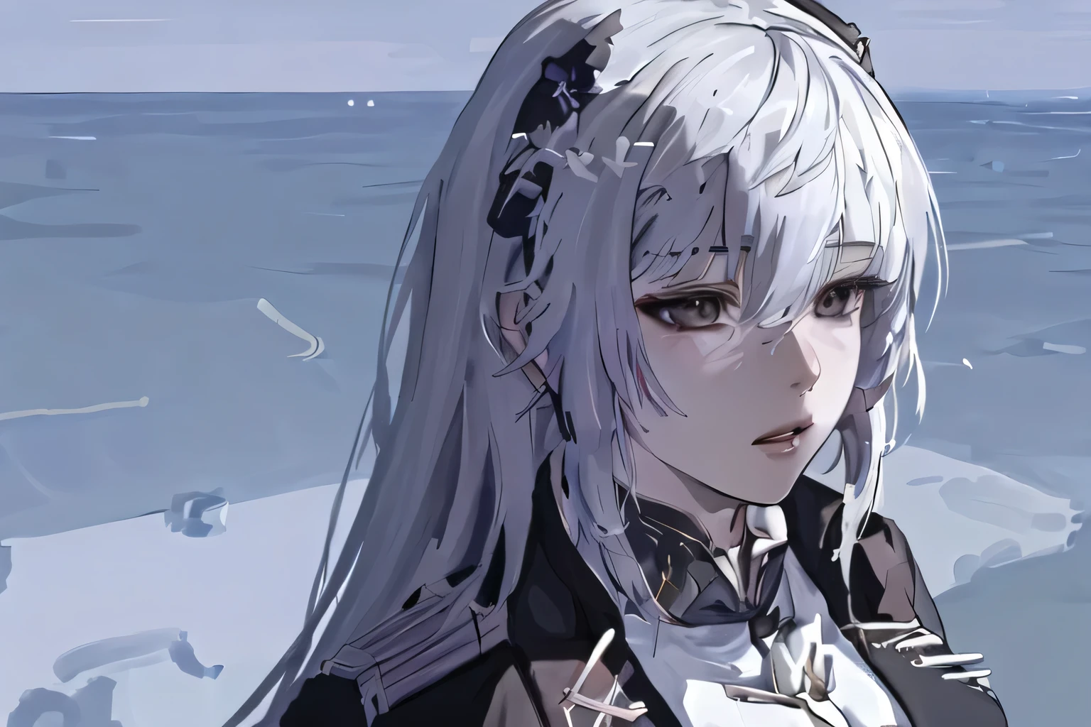 Lanime girl with white hair and black jacket looking at camera, girl with white hair, detailed portrait of anime girl, from girls frontline, semirealistic anime style, stunning anime face portrait, beautiful anime portrait, perfect white haired girl, fine details. girls frontline, realistic anime artstyle, made with anime painter studio, portrait anime girl, anime realism style, white haired