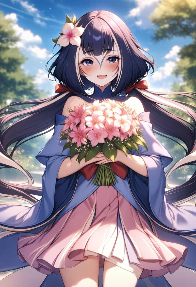 (shylily/(Twich/):1.5),(masterpiece:1.2),(best quality:1.2),32k, Solitary, Long hair, blush, Bangs, skirt, shirt, Hair accessories, Long sleeve, bow, ribbon, Hair between the eyes, Bare shoulders, Shut up, permanent, hair ribbon, white shirt,, flower, Cowboy shooting, pleated skirt, outdoor, decorate, Separate sleeves, Sky, cloud, hair flower, Wide sleeves, red ribbon, Tree, flower petals, Flowing hair, frilled skirt, 樱flower, pink flower, pink skirt, a happy expression, (((Face focus))),