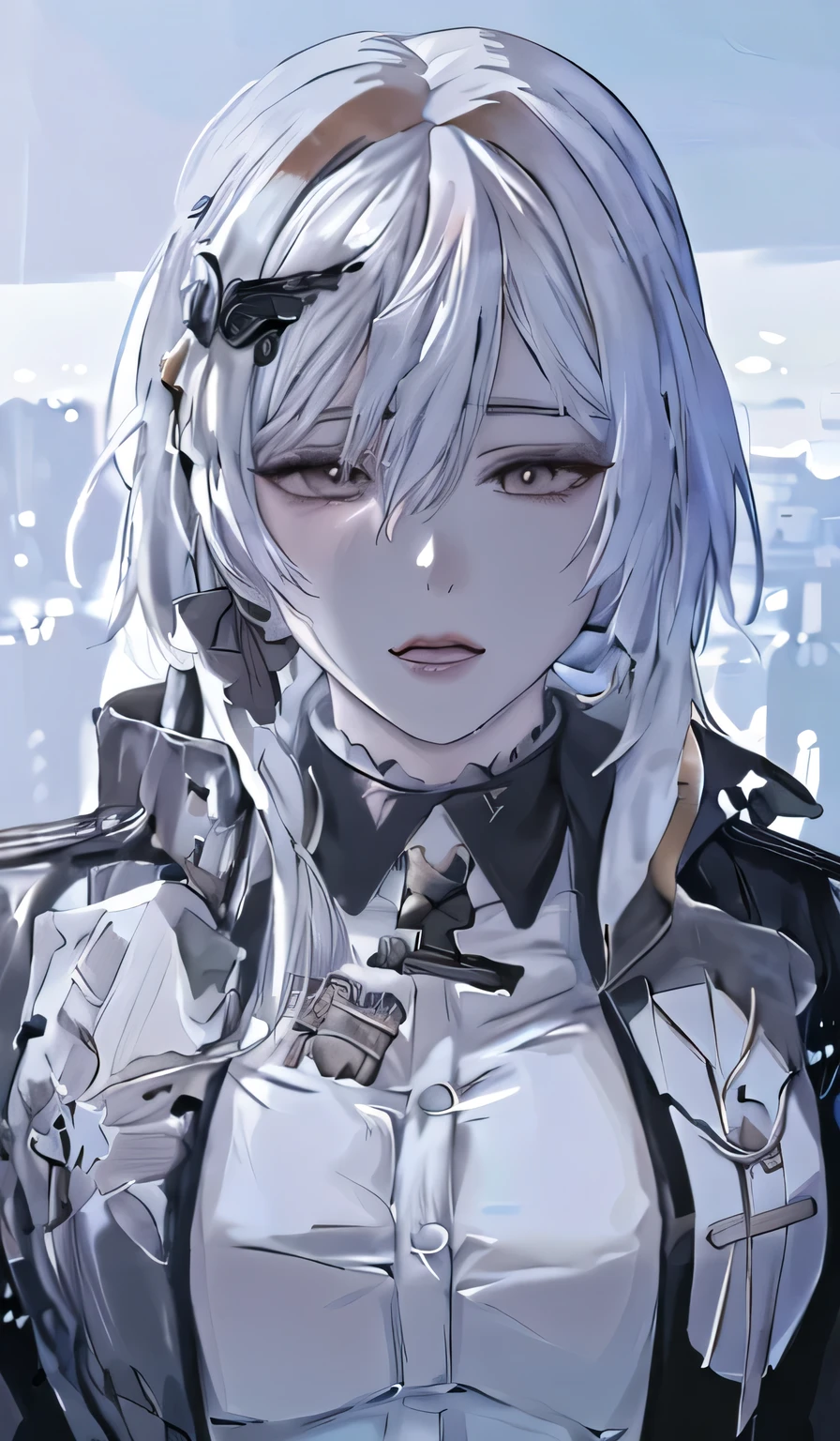 anime girl with white hair and black jacket looking at camera, girl with white hair, detailed portrait of anime girl, from girls frontline, semirealistic anime style, stunning anime face portrait, beautiful anime portrait, perfect white haired girl, fine details. girls frontline, realistic anime artstyle, made with anime painter studio, portrait anime girl, anime realism style, white haired
