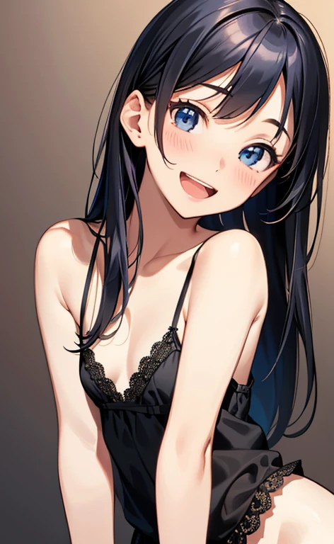 (masterpiece:1.4、top-quality、illustration:1.4,realistic、)、(character focus、breast focus,upper body:1.3)、(1girl),(Open mouth happy smile:1.3),(cute),cute face,blue eyes、(cute)、
,(stand:1.4),(black hair),
,(slender),(lace camisole),
(),(), (small breasts:1.3)、
、slender、