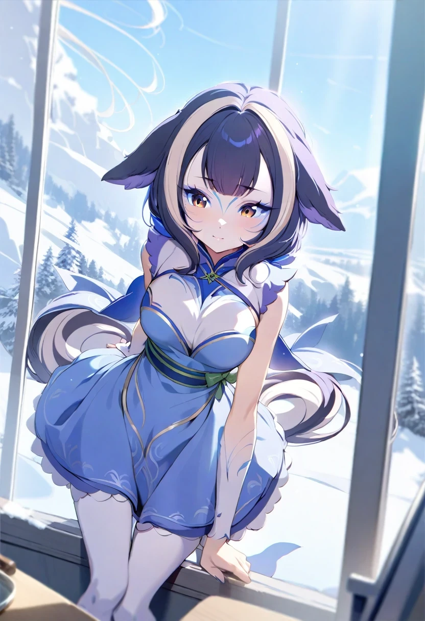 (shylily/(Twich/):1.5),(masterpiece:1.2),(best quality:1.2),, (1girl:1.3), absurdres, perfect anatomy, long hair, double bun, AyameBase, black kimono, hair bell, obi, white thighhighs, bare shoulders, long sleeves, oni mask, mask on head, outdoors, standing, sakura tree, arms behind back, smile