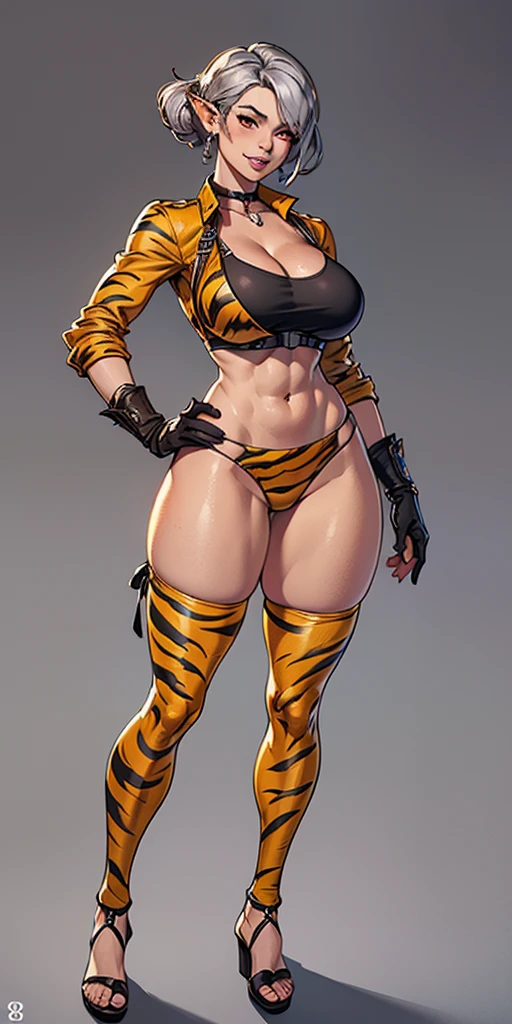 (Masterpiece, grey background:1.2) full body standing straight symmetrical looking to the viewer, view from below, far shot, cow boy shot, purple skin, drow, elf, 1girl, mature, purple eyes, pinched eyes, short silver white hair cut (yellow tiger bikini print long sleeves and long stockings) abs, navel, big knockers, tatter rags, leather choker,chain collar, stomach tattoo (red tattoo), hands on hips, wide hips, thick thighs, metal sandals, (8k, best quality, masterpiece:1.2) (realistic, photo-realistic:1.37) (full body) 1female solo girl, standing, legs apart (wide stance) standing contrapposto, ultra-detailed, cute (Tifa Lockhart) (large breasts:1.5) (beautiful detailed eyes) (smile:1.2) (closed mouth) sharp focus, depth of field, good composition, hair bang ((red eyes)), intricate, bokeh (Tetsuya Nomura style) perfect breasts, red gloves gauntlets, stockings, toned body, athletic,  thin waist, toned arms, exposed abdomen, view from behind