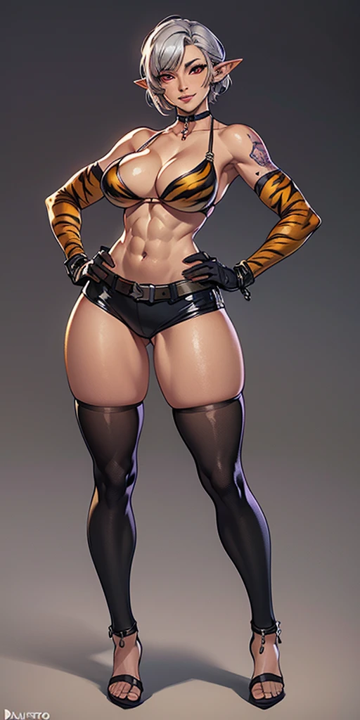(Masterpiece, grey background:1.2) full body standing straight symmetrical looking to the viewer, view from below, far shot, cow boy shot, purple skin, drow, elf, 1girl, mature, purple eyes, pinched eyes, short silver white hair cut (yellow tiger bikini print long sleeves and long stockings) abs, navel, big knockers, tatter rags, leather choker,chain collar, stomach tattoo (red tattoo), hands on hips, wide hips, thick thighs, metal sandals, (8k, best quality, masterpiece:1.2) (realistic, photo-realistic:1.37) (full body) 1female solo girl, standing, legs apart (wide stance) standing contrapposto, ultra-detailed, cute (Tifa Lockhart) (large breasts:1.5) (beautiful detailed eyes) (smile:1.2) (closed mouth) sharp focus, depth of field, good composition, hair bang ((red eyes)), intricate, bokeh (Tetsuya Nomura style) perfect breasts, red gloves gauntlets, stockings, toned body, athletic,  thin waist, toned arms, exposed abdomen, view from behind