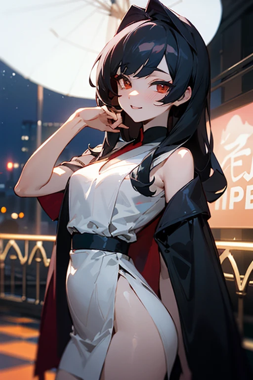 ((mejor calidad)), ((Obra maestra)), (detallado), cara perfecta, Joven de cabello negro largo y lacio, ojos rojos, pale skin, asian factions, 19 years, esbelta, busto mediano, bonitas curvas, estilo anime, elegante, only character in the image, red eyes, waiting for you, cute face, sexy, in love with the viewer, in night club, club, night, black hair, drunked, orgasm face, horny, sexy dress