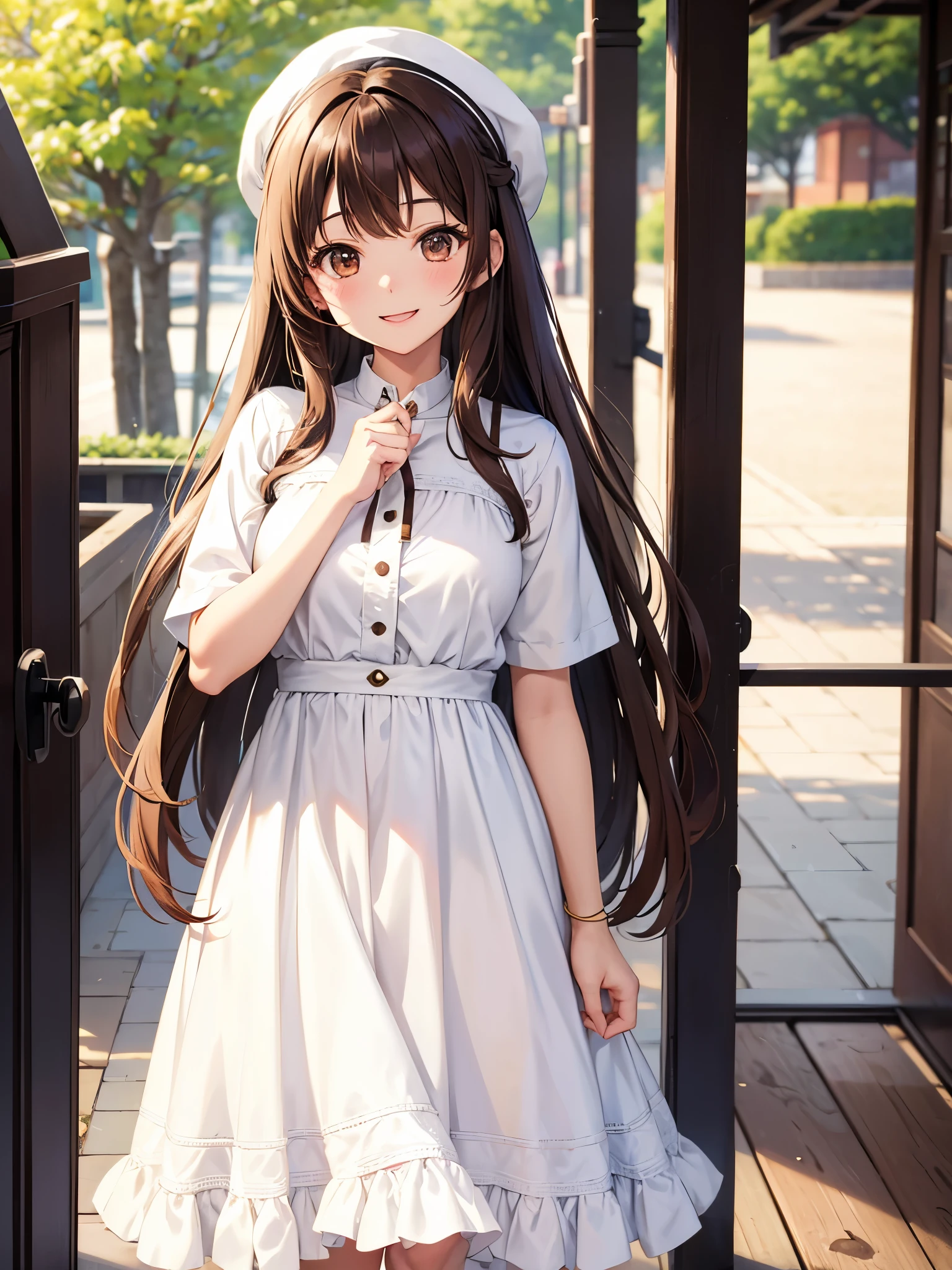 Brown hair. Anime girl. Asian girl. Ulzzang. Brown eyes. Smiling. White dress.