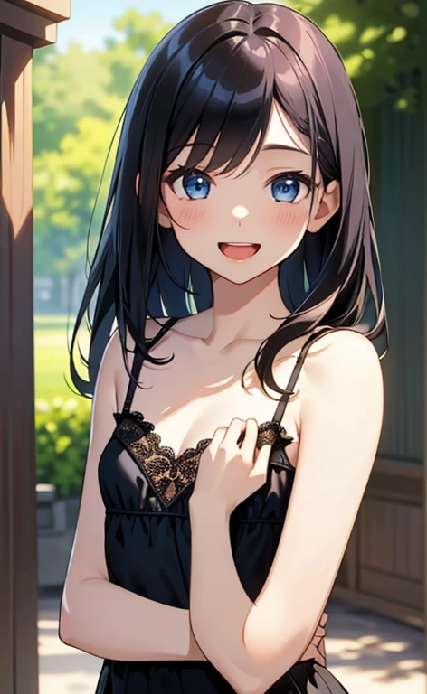 (masterpiece:1.4、top-quality、illustration:1.4,realistic、)、(character focus、breast focus,upper body:1.3)、(1girl),(Open mouth happy smile:1.3),(cute),cute face,blue eyes、(cute)、
,(stand:1.4),(black hair),
,(slender),(lace camisole),
(),(), (small breasts:1.3)、
、slender、