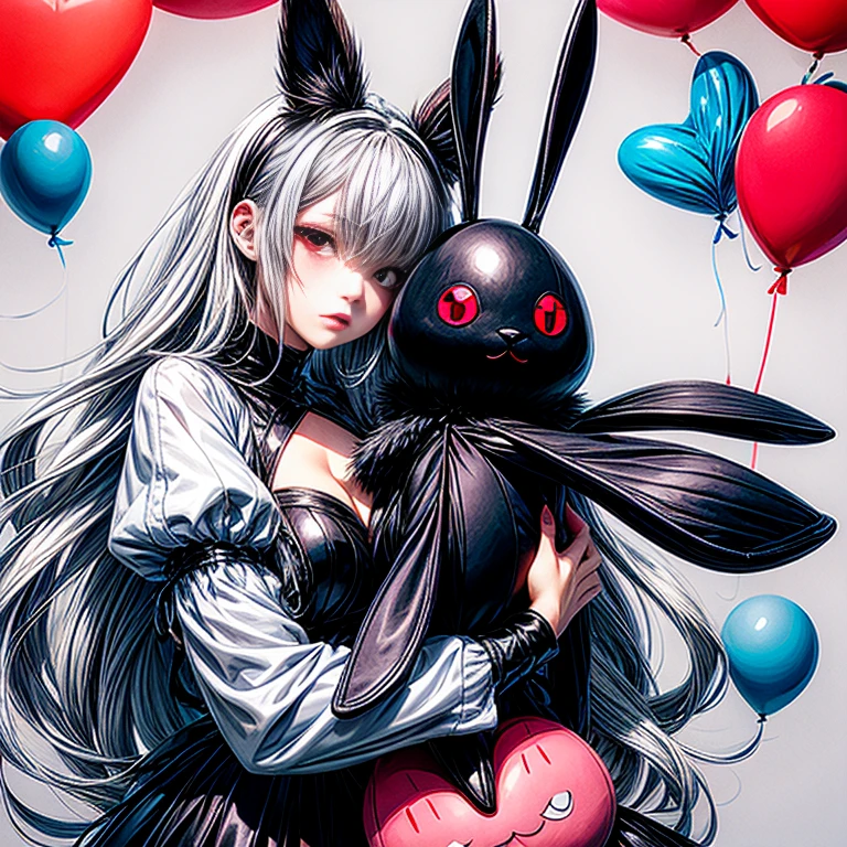 superflat, clear color scheme fantasy art flat painting, high quality cute avantgarde fashion style, waifu black viera girl with rabbit ears, hugging a repaired stuffed mascot with coarse stitch, emotional downer face, bold color scheme