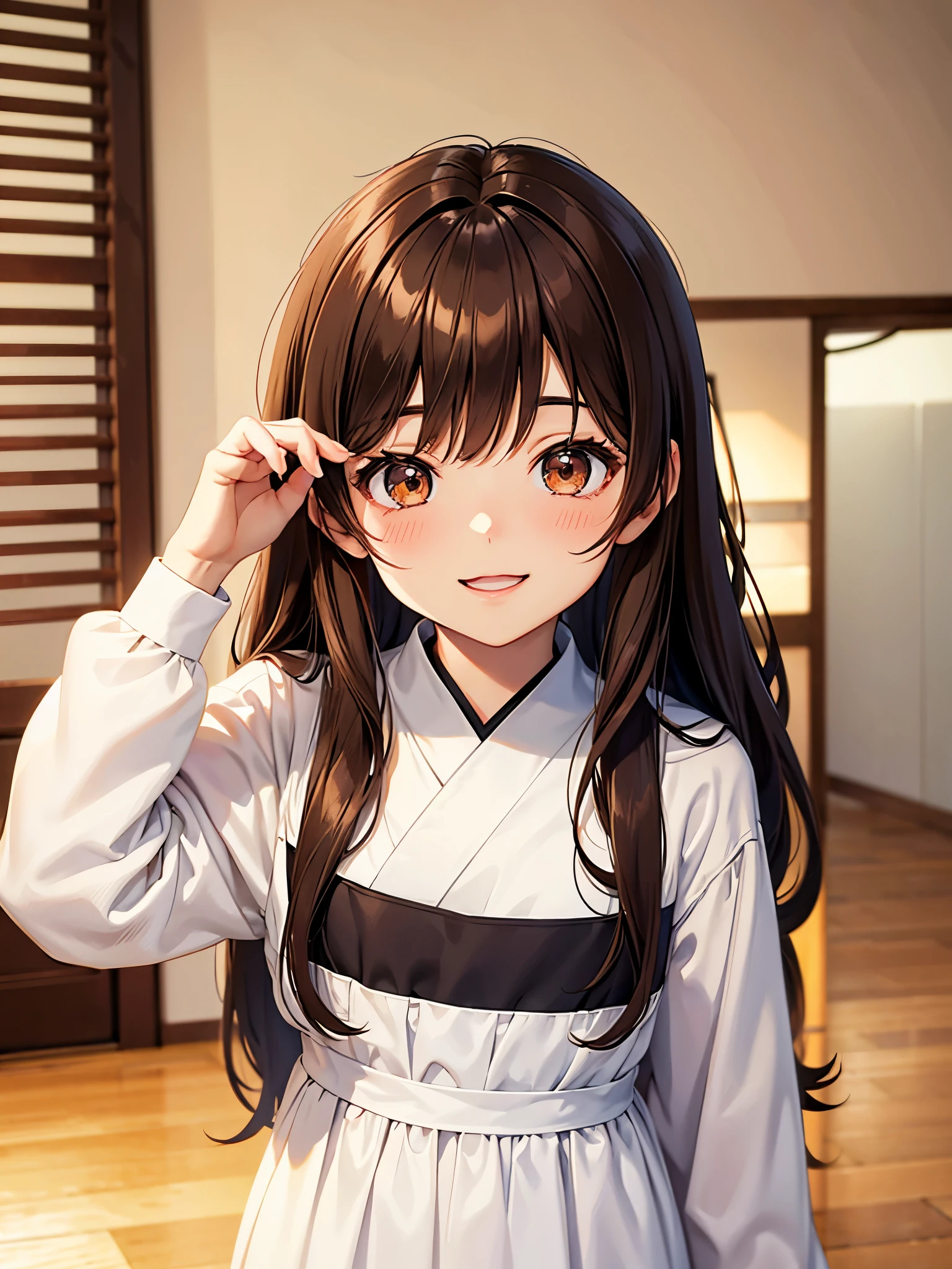 Brown hair. Anime girl. Asian girl. Ulzzang. Brown eyes. Smiling. White dress.