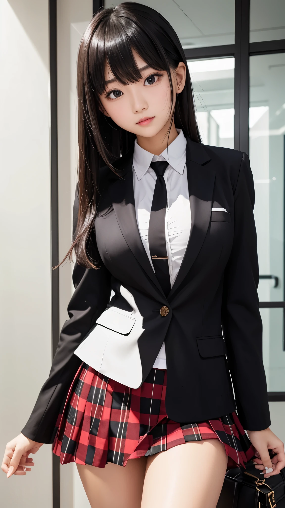 Detailed face、highlight、Asian、girl、thigh、breast enhancement、black髪、Heavy bangs、(blazer、)(Checked skirt、black、red、white、)