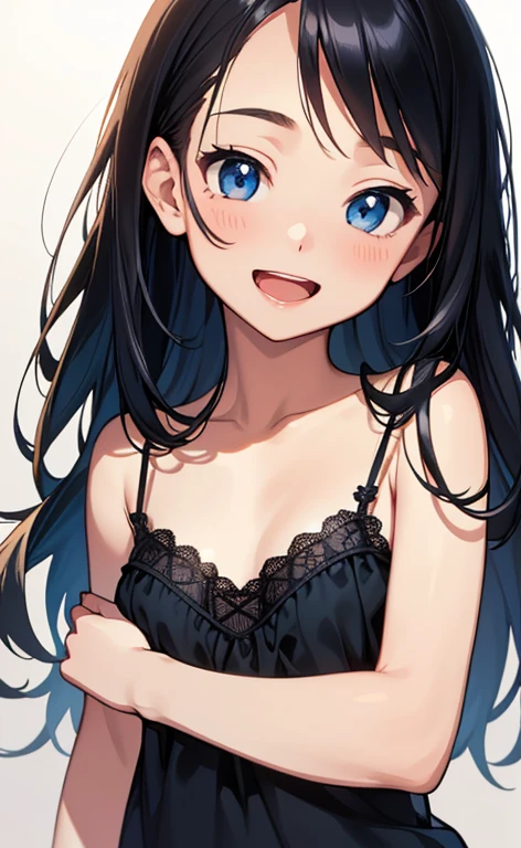 (masterpiece:1.4、top-quality、illustration:1.4,realistic、)、(character focus、breast focus,upper body:1.3)、(1girl),(Open mouth happy smile:1.3),(cute),cute face,blue eyes、(cute)、
,(stand:1.4),(black hair),
,(slender),(lace camisole),
(),(), (small breasts:1.3)、
、slender、