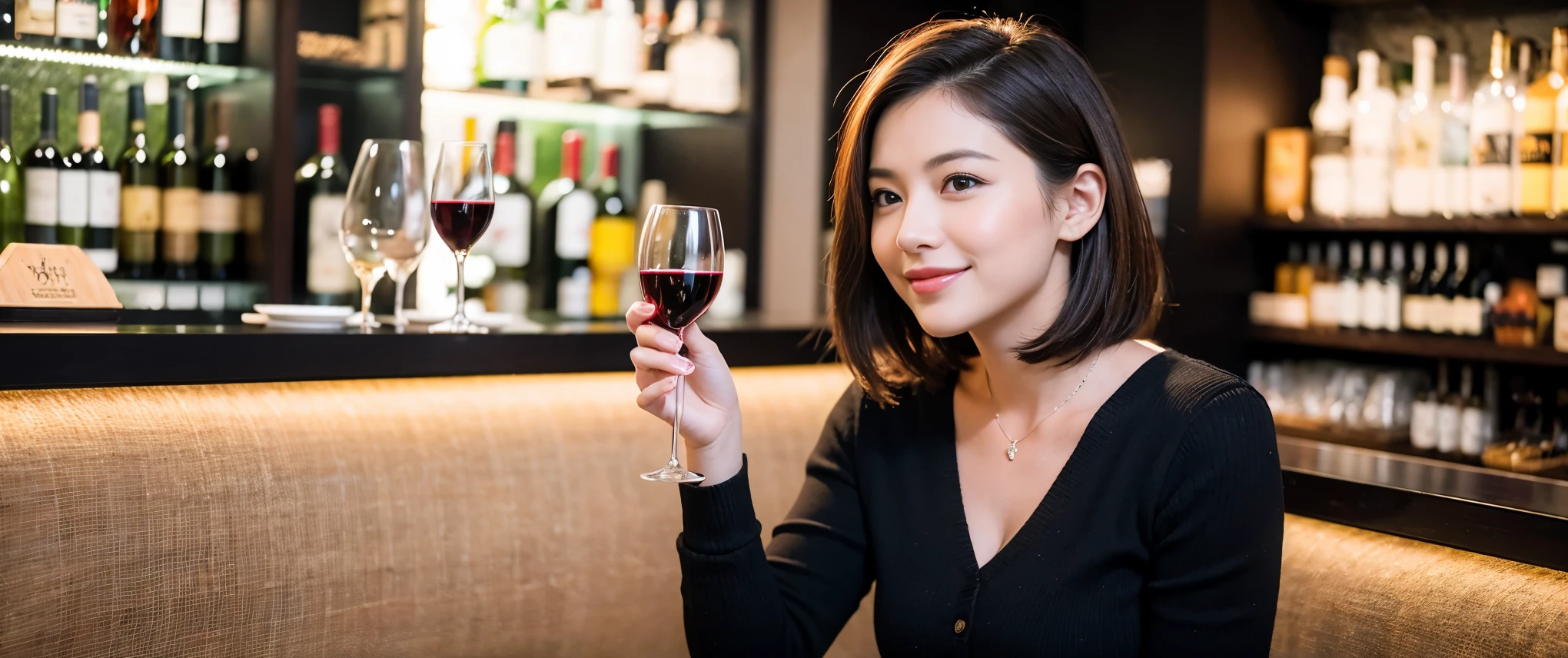 ((highest quality、8k、masterpiece:1.3))、Sharp focus:1.2、Beautiful woman perfect body:1.4、slimなボディ、((Bob Hale、Straight hair:1.2))、(to be born, highest quality, masterpiece:1.5), (Realistic, Intricate details:1.2), Ultra-high resolution, Amazing view of the sunset sky and clouds、Amazing mountain views、ニコニコ明るいsmile、smileの素敵な女性、Bright image、2. The beauty of wine, Beautiful Face, blue eyes, The light shines on your face, Blushing, short hair,Bright Face、Fox face、 (36 years old), 39 years old, Lady、red wine 、Appetizers、Italian food、Wine bottle、Champagne、sparkling wine、Two beauties、Brown Hair、Shortcuts、Long sleeve shirt、dress、Pretty Woman 1, (slimな顔), (The body is slim), (Brown Hair), (Shortcuts), cheeks turn a little red,Attractive beauty、, Out of the window, A beautiful and detailed night view unfolds.........., restaurant, In a prominent place (From the waist up) Nova Frog Style, actress, model, Upper Body, White wine, slim, wine glass, 真ん中に置かれたwine glass, smile, (smile: 1.15), Beautiful fine grain, Depth f/2,saturation, High Contrast, Strong light and shadow,Moist Body:1.5、3D texture、Delicate eyes、Brown Hair、The hair is very shiny、