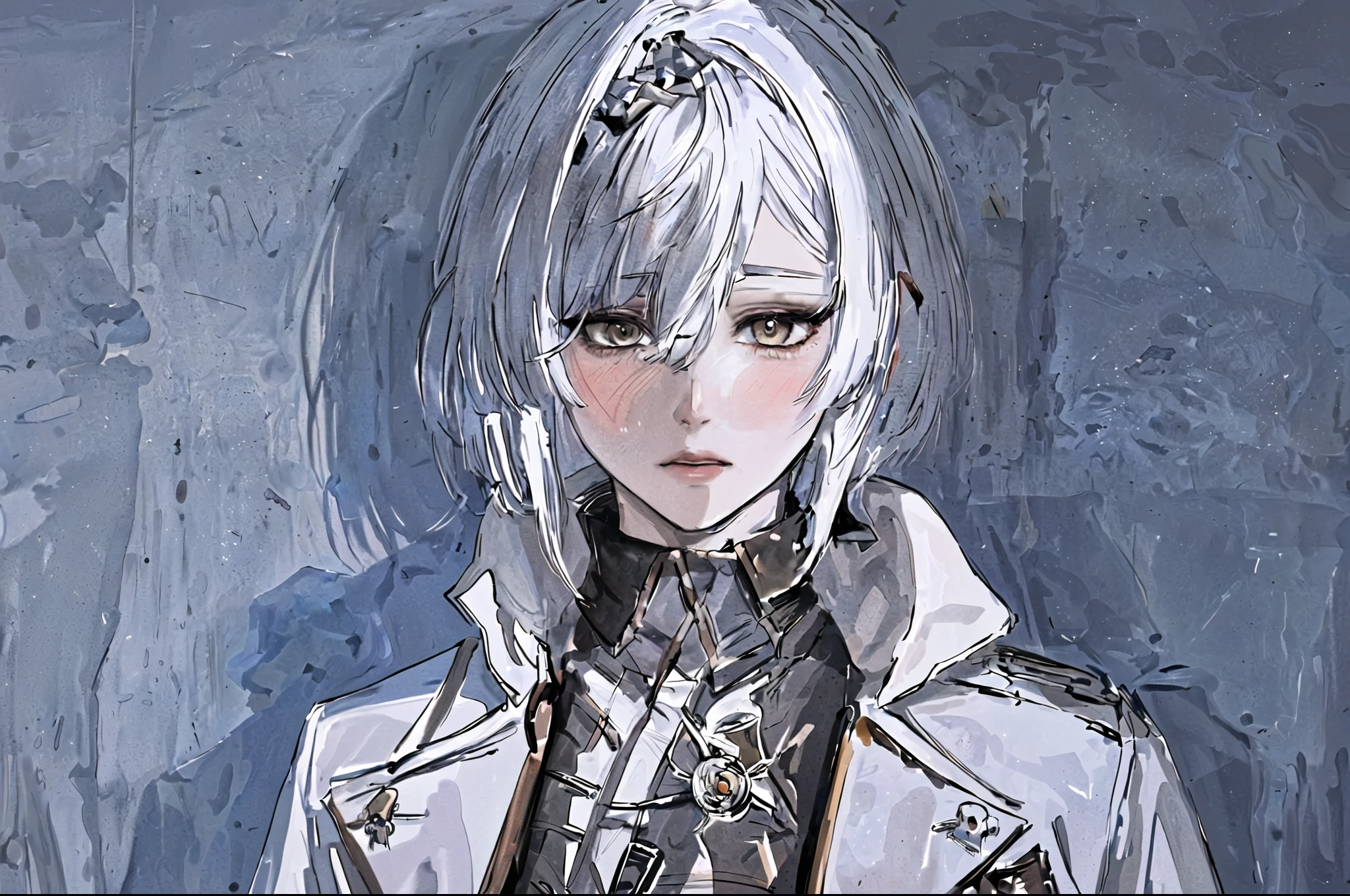 anime girl with white hair and black jacket looking at camera, girl with white hair, detailed portrait of anime girl, from girls frontline, semirealistic anime style, stunning anime face portrait, beautiful anime portrait, perfect white haired girl, fine details. girls frontline, realistic anime artstyle, made with anime painter studio, portrait anime girl, anime realism style, white haired