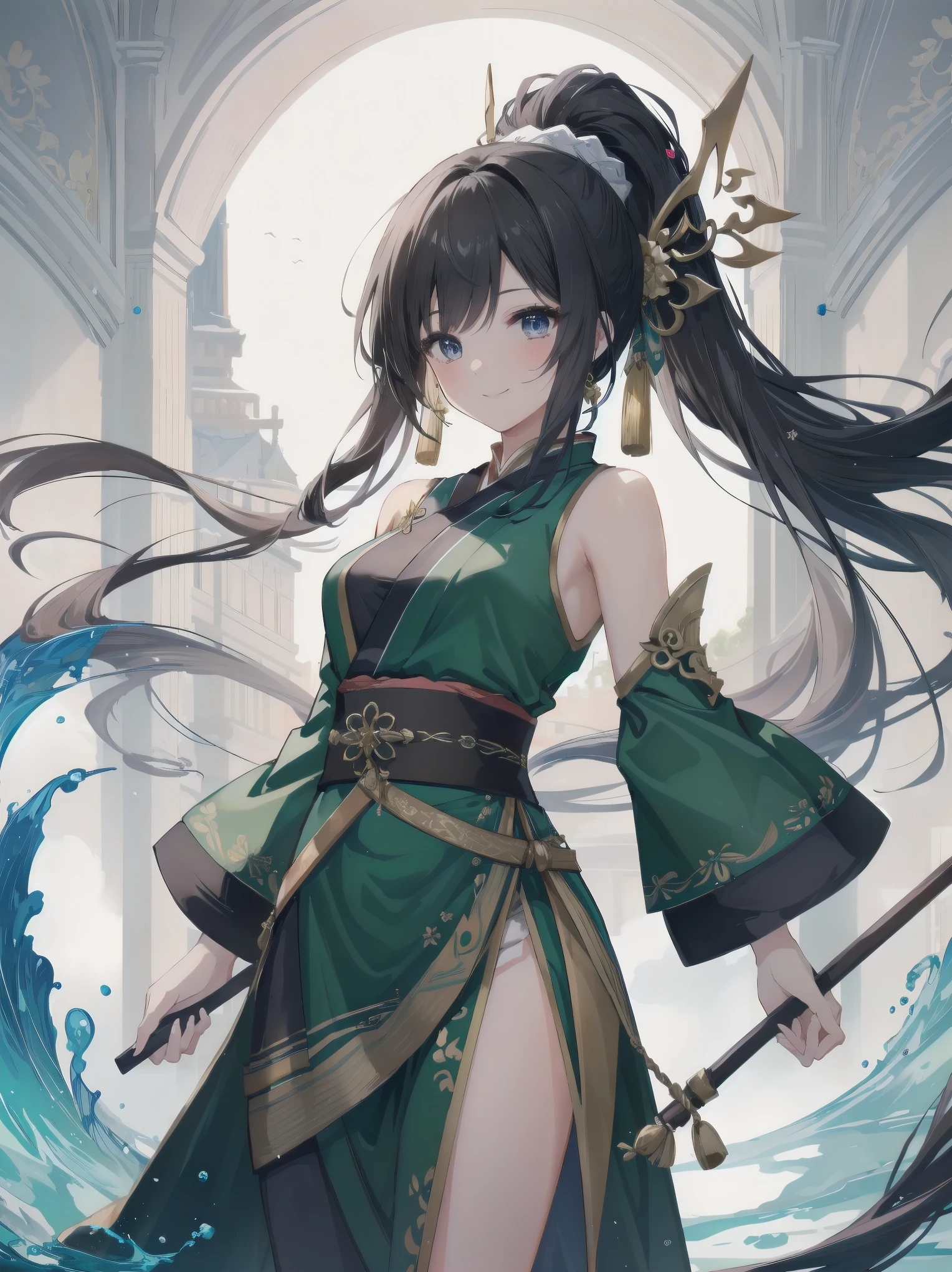 Masterpiece, top quality, highest quality, one girl, solo, arafi girl in green dress, decorated Korean pole arm behind, Unreal Engine rendering + goddess, Korean MMO, inspired by Lam Qua, bewitching expression 16k, female character, smiling girl character, warrior outfit, inspired by Li Mei-shu, 16k detail fantasy, 16k character detail