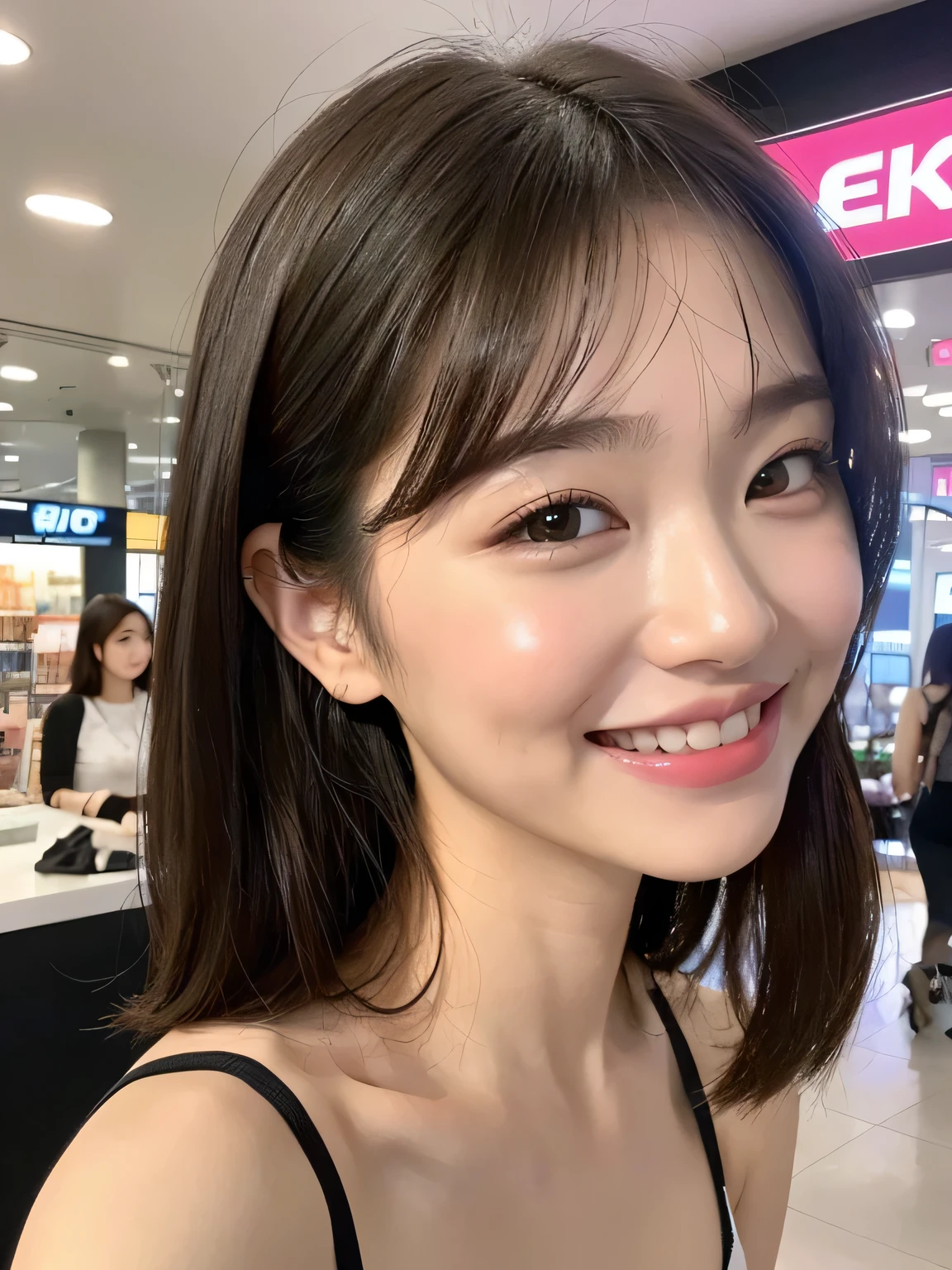 one person、Smiling while shopping、Wearing makeup、fun、17 years old、whole body、slender、woman、White drool coming out of the mouth、Short hair, fair skin,ponytail、Super cute、Soft and Face、Brown Hair、8k resolution、Surreal、Ultra high definition、 Soft Body Tight Ass Night、A-cup small breasts（（Highest resolution、8k、masterpiece：1.3））、Ultra-fine face、Ultra Fine Lips、Beautiful Eyes、double eyelid,Girls&#39; High 、Navy blue lender body type、I can see your thighs、Shapely small breasts、