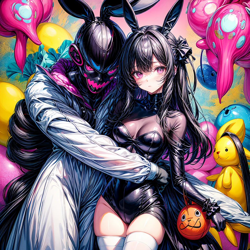 superflat, clear color scheme fantasy art flat painting, high quality cute avantgarde fashion style, waifu black viera girl with rabbit ears, hugging a repaired stuffed mascot with coarse stitch, emotional downer face, bold color scheme