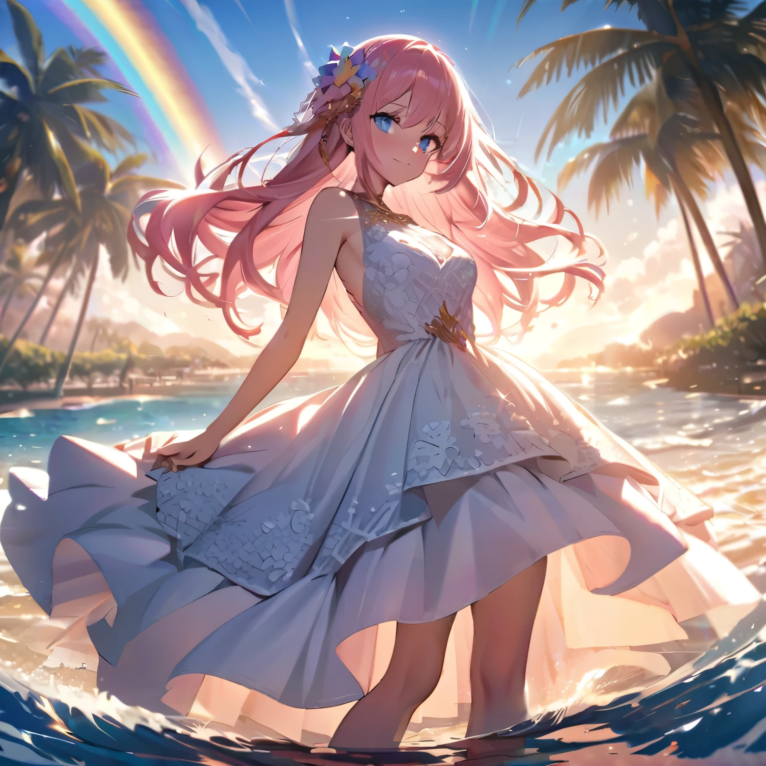 ``A beautiful woman with long pink hair and beautiful eyes wearing an elegant and detailed hawaiian dress.The dress must have intricate designs and patterns to give it a luxurious and luxurious feel.In the background , a romantic morning beach in Hawaii with the morning sun reflecting on the water surface and the sun hitting the palm trees.The entire image emphasizes the glittering effect and rainbows to enhance the magical atmosphere, and adds special frills to the dress. It makes you stand out.”