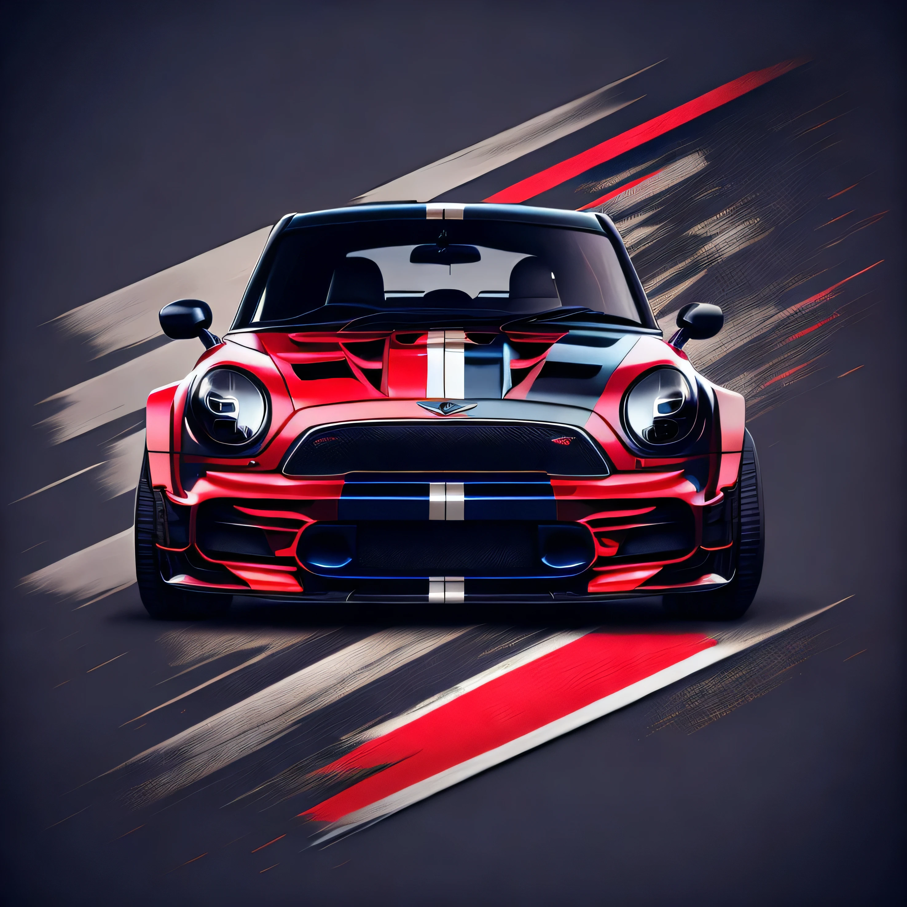 Artwork for t-shirt graphic design, a modern graphic design, classic blue Mini Cooper S, ((carbon fibre, Liberty walk ultra wide body kit)), aggressive stance ((background: outside old industrial style building, large windows in background, overcast sky, heavy industrial look, cobble stone street)), 8K quality, realistic, realism, sharp, detailed, ultrawide, black and carbon fibre and deep candy colour scheme, front profile, epic stance, epic ultra wide body kit, super low stance, aggressive looks , street, bold red, background British flag in vintage pastel tone, highly detailed clean, vector image, realistic masterpiece, professional photography, realistic car, car sunrise background, flat black background, isometric, vibrant vector