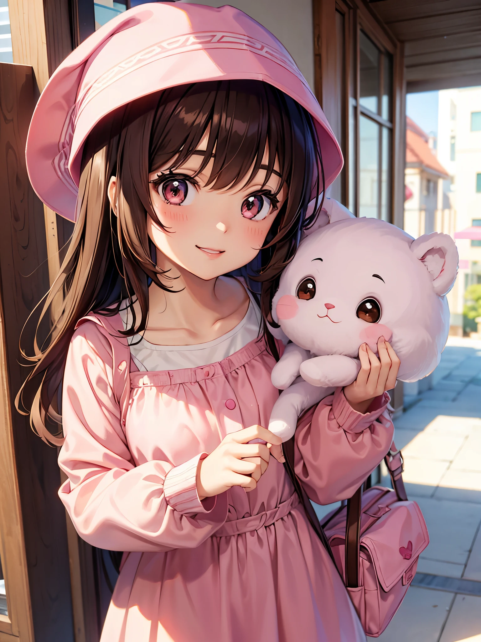 Brown hair. Anime girl. Asian girl. Ulzzang. Brown eyes. Smiling. Pink dress.