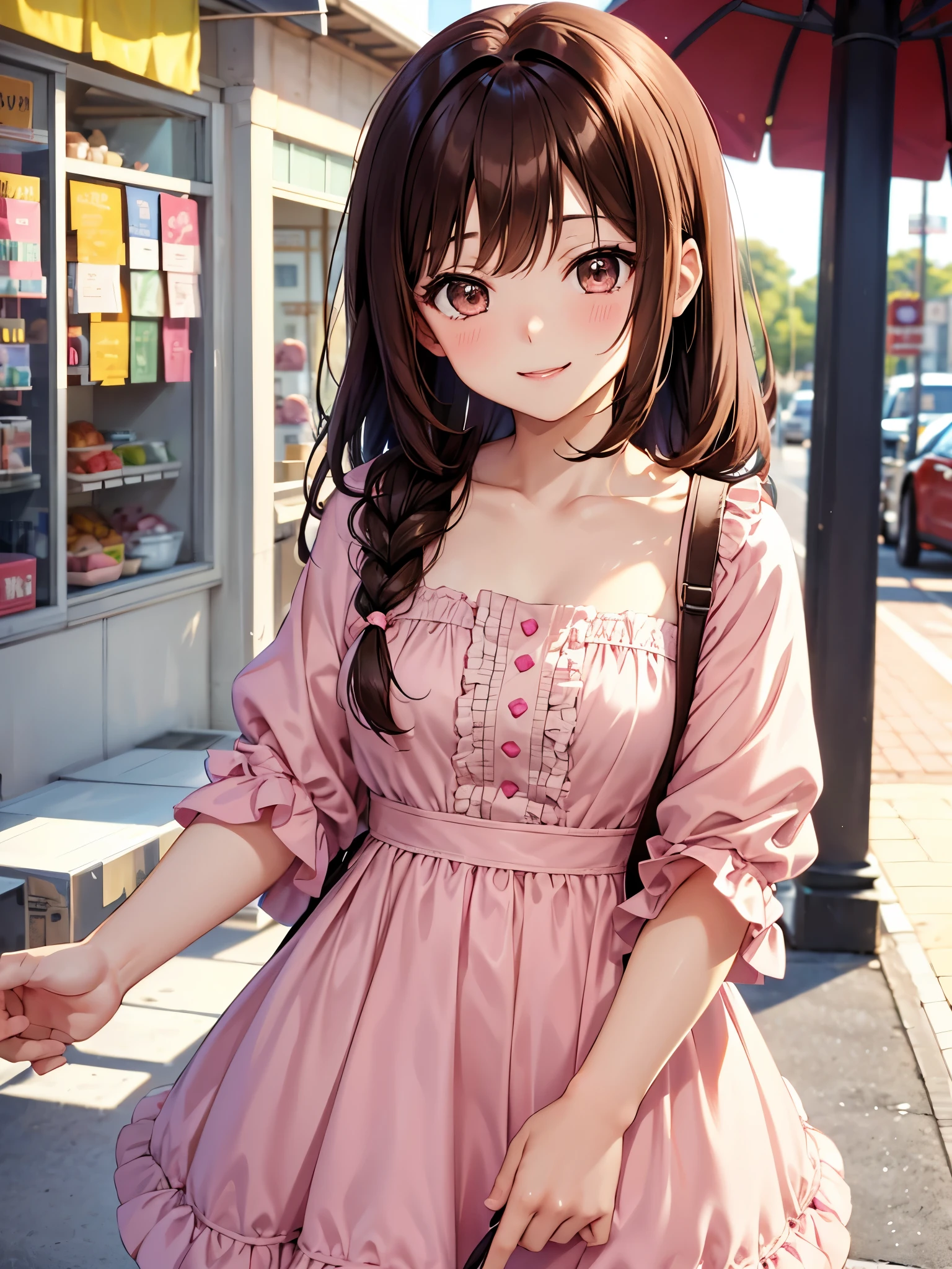 Brown hair. Anime girl. Asian girl. Ulzzang. Brown eyes. Smiling. Pink dress.