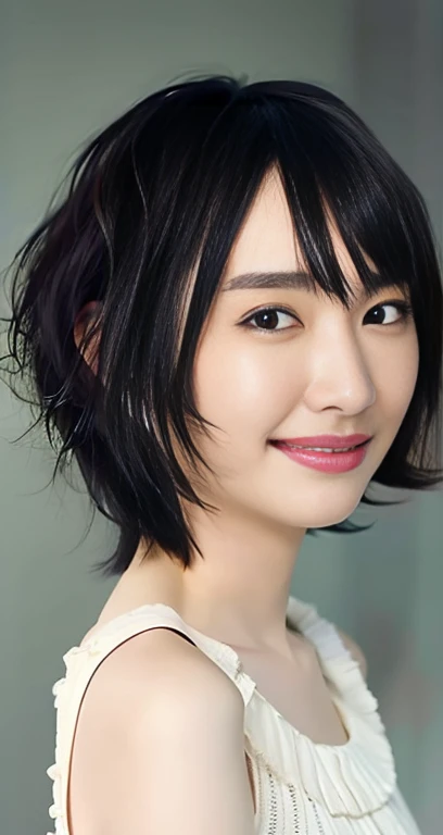 highest quality, masterpiece, Ultra-high resolution, (Realistic:1.4), RAW Photos, One girl, Beautiful Japanese Women, Beautiful Skin, Black Hair:1.7, gakki, ((short hair:1.5)), 30 years old, Smile happily:1.2, white tank top