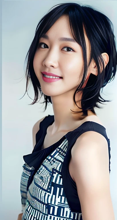 highest quality, masterpiece, Ultra-high resolution, (Realistic:1.4), RAW Photos, One girl, Beautiful Japanese Women, Beautiful Skin, Black Hair:1.7, gakki, ((short hair:1.5)), 30 years old, Smile happily:1.2, white tank top