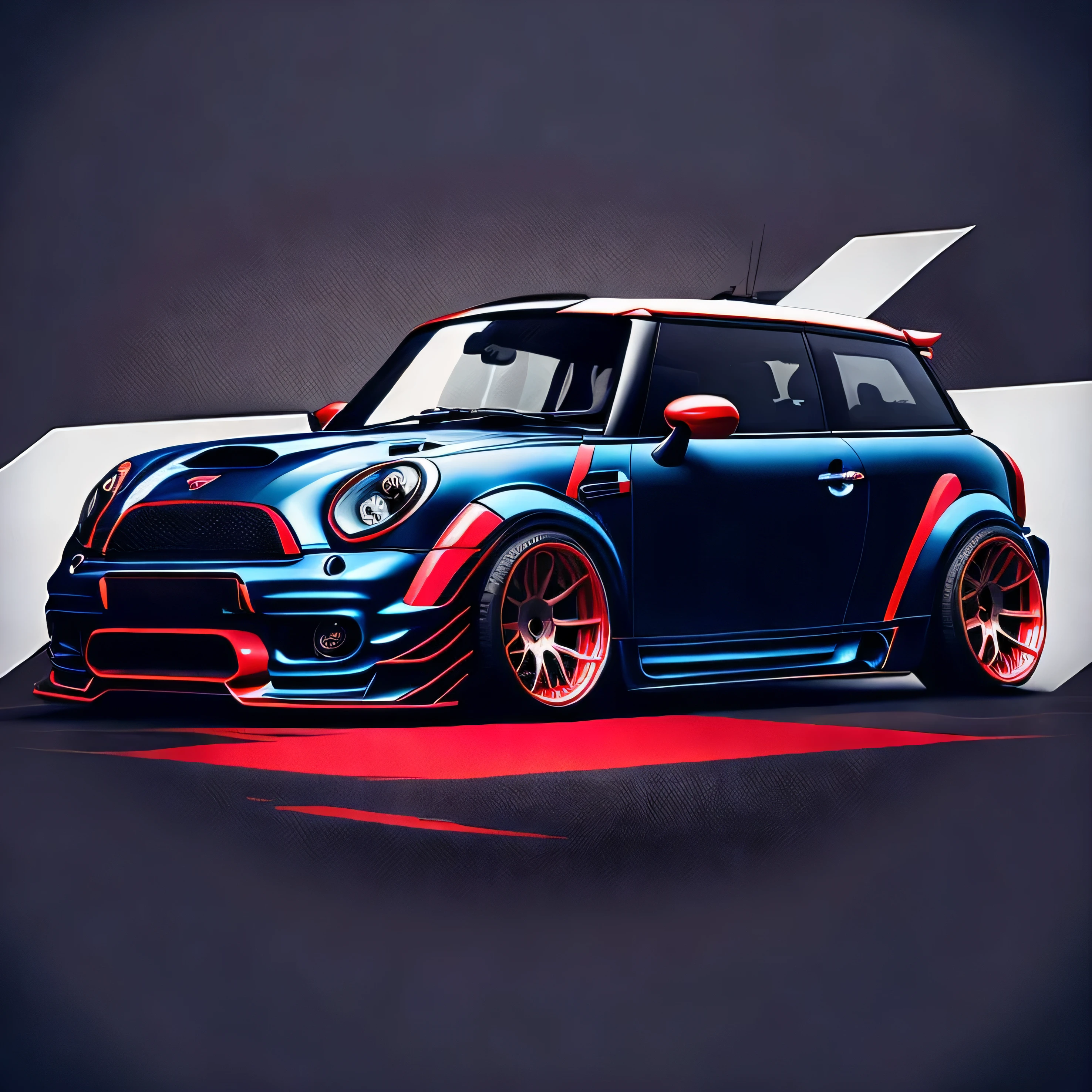 Artwork for t-shirt graphic design, a modern graphic design, classic blue Mini Cooper S, ((carbon fibre, Liberty walk ultra wide body kit)), aggressive stance ((background: outside old industrial style building, large windows in background, overcast sky, heavy industrial look, cobble stone street)), 8K quality, realistic, realism, sharp, detailed, ultrawide, black and carbon fibre and deep candy colour scheme, front profile, epic stance, epic ultra wide body kit, super low stance, aggressive looks , street, bold red, background British flag in vintage pastel tone, highly detailed clean, vector image, realistic masterpiece, professional photography, realistic car, car sunrise background, flat black background, isometric, vibrant vector