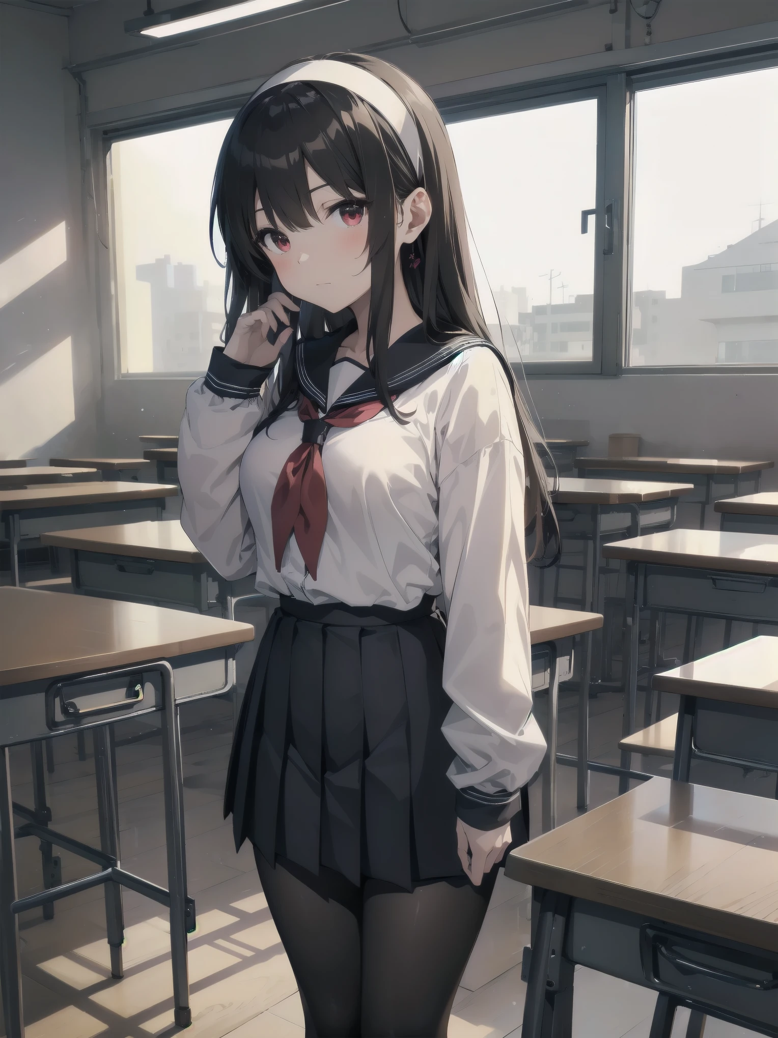 an anime girl standing in an empty room with a phone to her ear, 1girl, solo, , pantyhose, skirt, indoors, hairband, long hair, kasumigaoka utaha, looking at viewer, black hair, red eyes, breasts, blush, pleated skirt, black pantyhose, classroom, white hairband, long sleeves, bangs, neckerchief, closed mouth, desk, sailor collar, serafuku