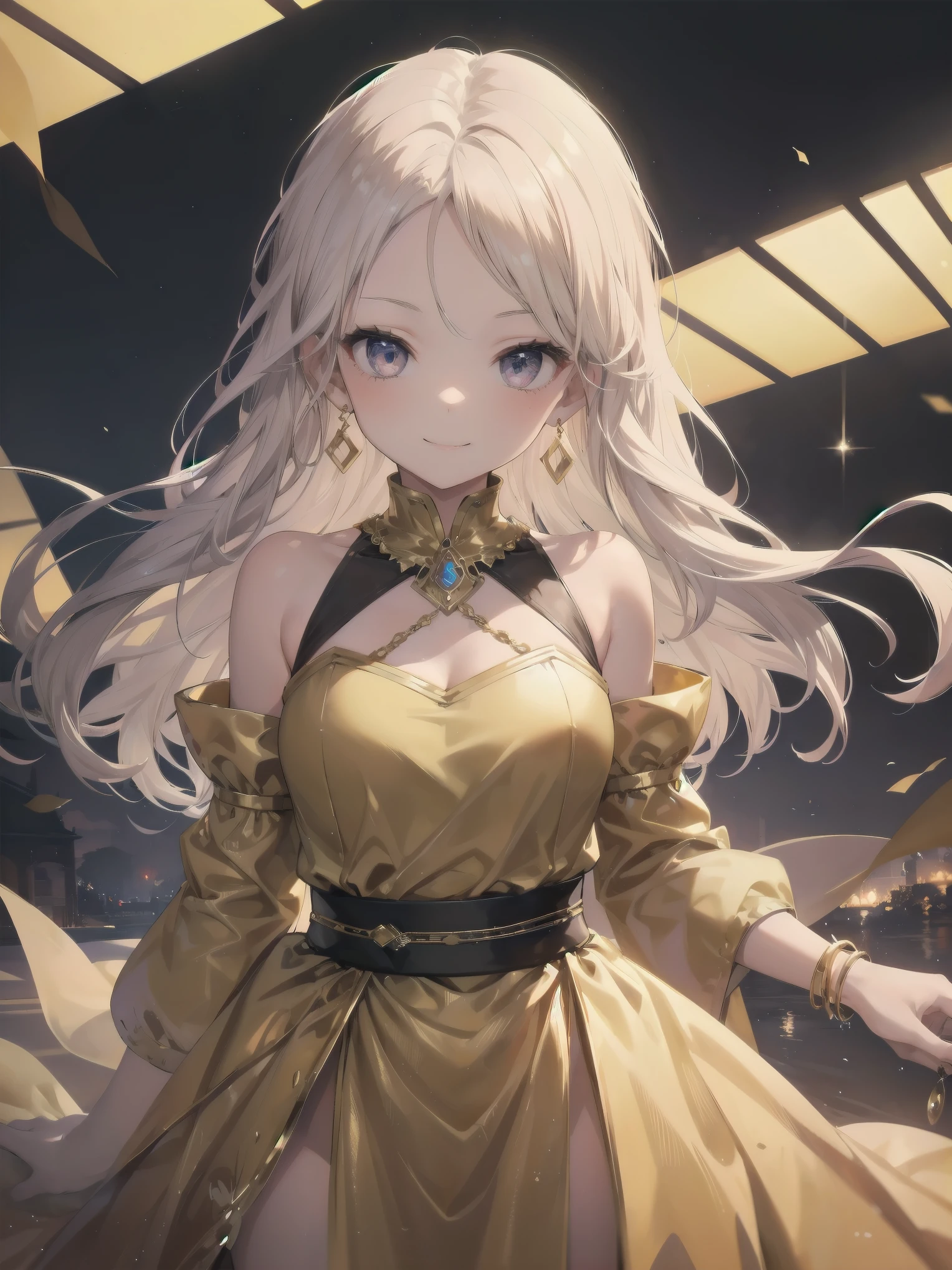 1girl, , smile, looking at viewer, solo, gold dress, jewelry, bracelet, earring, detached sleeves, forehead, long hair, palace