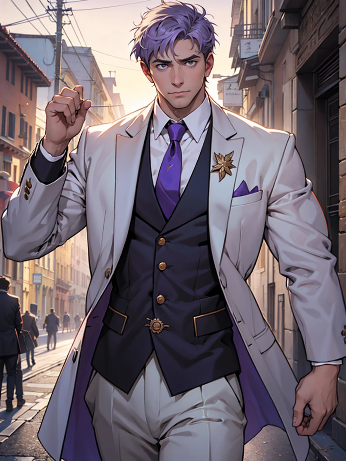 anime.Constantine the Great, Roman Emperor Constantine the Great resurrected in modern times。34 years old。one adult male。Long body。broad shoulder。thick neck。eyes like a lion。Bright and sharp eyes。Looking here。Sincere and kind。Kind and reliable。Deal with it sternly if necessary.。talented and hardworking businessman。successful gentleman。careerist。he is wearing a high quality white suit。dark purple tie。Light purple shirt。forceful。An overwhelming sense of control。romance novel hero。Bold composition。look up to。lyrical。Dramatic。heartful。Romantic。opulent。elegan。elegance。Venice background in the sunset。masterpiece。top-quality。Super beautiful。The ultra -The high-definition。detaileds。exquisite。