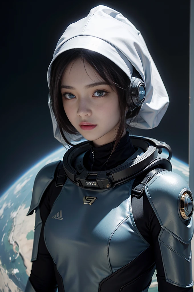 malay girl wearing headscarf, photo, Best quality, masterpiece,Half body,Put on a mask (__Advanced sci-fi locations__:1.3), (__Advanced Sci-Fi Space Suit-II__:1.Remium Sci-Fi Helmet, (Looking at the camera:1.1), mock, masterpiece, (Pale skin:1.2), (slim:1.4), Detailed texture cloth, Movie Lighting, Senior artist-photographer