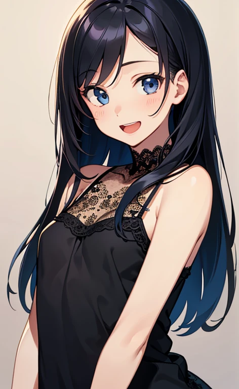 (masterpiece:1.4、top-quality、illustration:1.4,realistic、)、(character focus、breast focus,upper body:1.3)、(1girl),(Open mouth happy smile:1.3),(cute),cute face,blue eyes、(cute)、
,(stand:1.4),(black long hair),
,(slender),(lace camisole),
(),(), (small breasts:1.3)、
、slender、