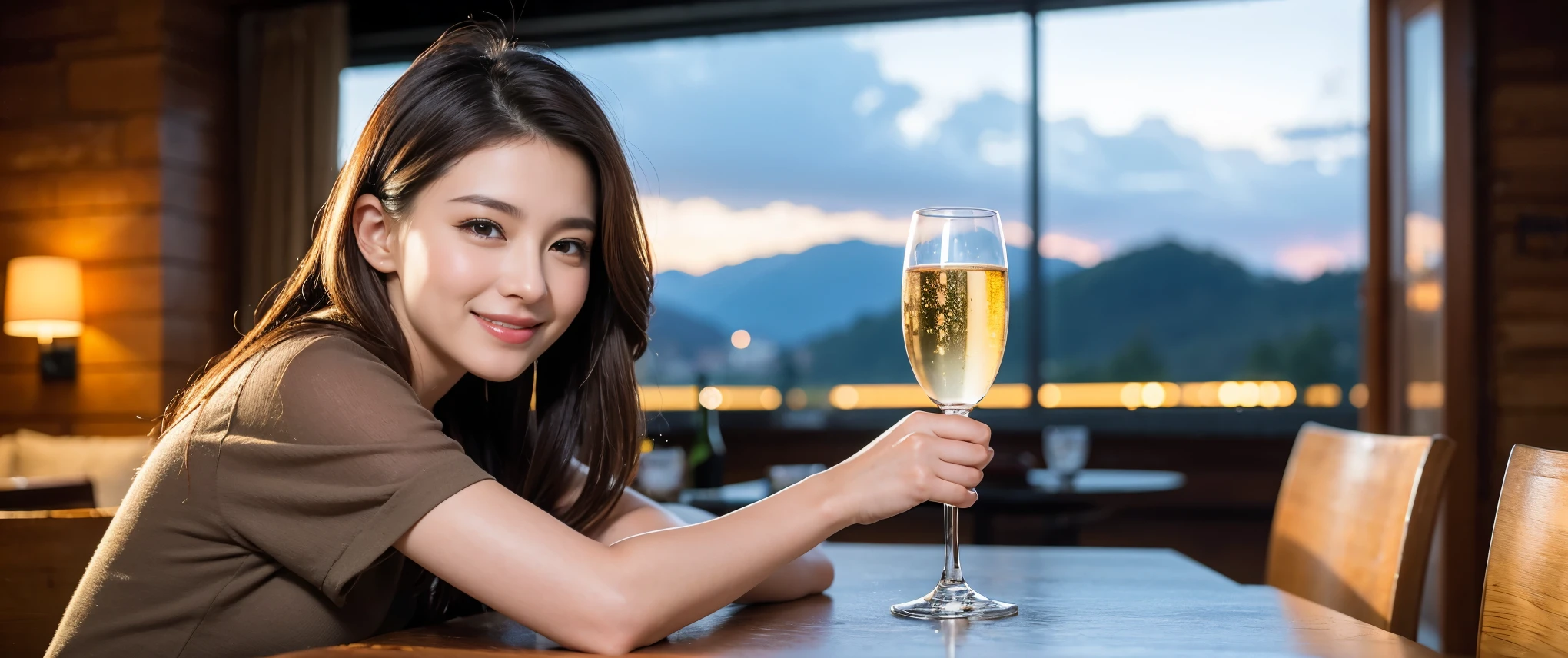 ((highest quality、8k、masterpiece:1.3))、Beautiful woman perfect body:1.4、slimなボディ、((Bob Hale、Straight hair:1.2))、 Ultra-high resolution, Bright image、2 people. The beauty of wine, Beautiful Face, blue eyes, Beautiful Eyes, The light shines on your face, Blushing your nose, short hair,Amazing view of the sunset sky and clouds、Amazing mountain views、ニコニコ明るいsmile、smileの素敵な女性、Bright Face、Fox face、Lady、Champagne、Wine bottle、wine glass、red wine 、Appetizers、Italian food、Two beauties、Brown Hair、Shortcuts、Long sleeve shirt、Winter Fashion、dress、Wine bottle、sparkling wine、Pretty Woman 1, (slimな顔), (Brown Hair), (Shortcuts), cheeks turn a little red, (42 years old), 39 years old, Attractive beauty、restaurant, Nova Frog Style, actress, model, Upper Body, White wine, slim, wine glass, 真ん中に置かれたwine glass, smile, (smile: 1.15), 綺麗なBeautiful Eyes, Strong light and shadow,Moist Body:1.5、Delicate eyes、Brown Hair、The hair is very shiny、
