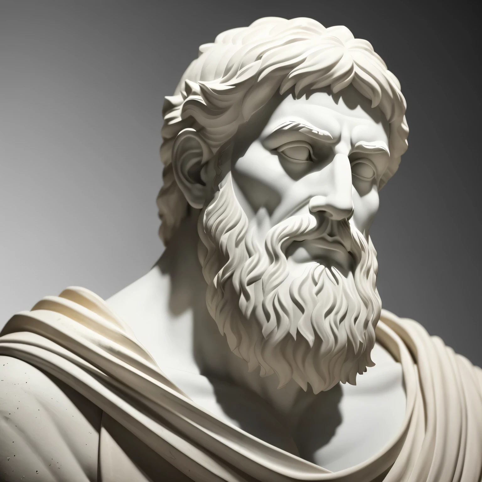 An extremely detailed and lifelike Greek white marble statue of a thoughtful and brave muscular elder man named Aristotle, clad in a ghostly toga with a fundo neutro and moody expression. His delicate face, adorned with bead-like pores and furrowed brows, tells a story of deep thought. The delicate eyes, half-closed, are expressive and full of wisdom, their corners gently crinkled from a lifetime of contemplation.

His detailed muscles, chiseled and toned from years of physical labor and battle experience, can be admired in full as they ripple under the bright lights, 8K and hyper-realistic rendering revealing every fiber