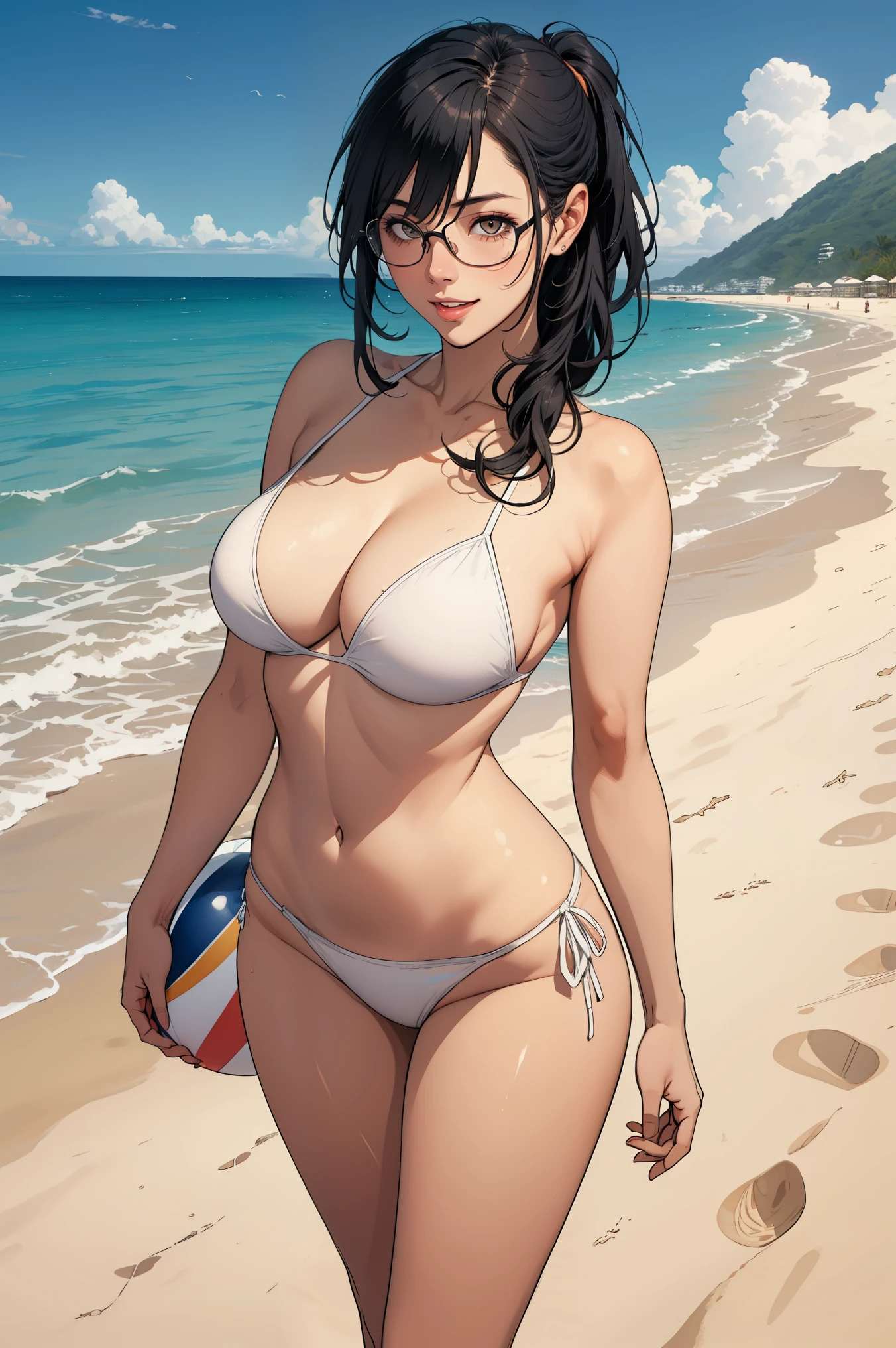 1 girl, black long hair ponytail, glasses, huge breast, wearing white bikini, smiling happily, arm at the hips, standing , at the beach, front view, looking to the viewer,  mouth open wide, fullbody shot, holding beach ball, 