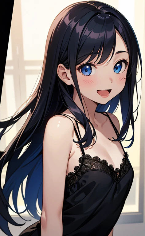 (masterpiece:1.4、top-quality、illustration:1.4,realistic、)、(character focus、breast focus,upper body:1.3)、(1girl),(Open mouth happy smile:1.3),(cute),cute face,blue eyes、(cute)、
,(stand:1.4),(black long hair),
,(slender),(lace camisole),
(),(), (small breasts:1.3)、
、slender、