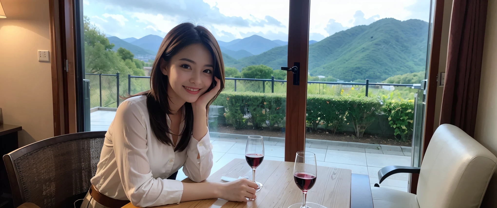 ((highest quality、8k、masterpiece:1.3))、Sharp focus:1.2、Beautiful woman perfect body:1.4、slimなボディ、((Bob Hale、Straight hair:1.2))、(to be born, highest quality, masterpiece:1.5), (Realistic, Intricate details:1.2), Ultra-high resolution, Amazing view of the sunset sky and clouds、Amazing mountain views、ニコニコ明るいsmile、smileの素敵な女性、Bright image、2. The beauty of wine, Beautiful Face, blue eyes, The light shines on your face, Blushing, short hair,Bright Face、Fox face、 (36 years old), 39 years old, Lady、red wine 、Appetizers、Italian food、Wine bottle、Champagne、sparkling wine、Two beauties、Brown Hair、Shortcuts、Long sleeve shirt、dress、Pretty Woman 1, (slimな顔), (The body is slim), (Brown Hair), (Shortcuts), cheeks turn a little red,Attractive beauty、, Out of the window, A beautiful and detailed night view unfolds.........., restaurant, In a prominent place (From the waist up) Nova Frog Style, actress, model, Upper Body, White wine, slim, wine glass, 真ん中に置かれたwine glass, smile, (smile: 1.15), Beautiful fine grain, Depth f/2,saturation, High Contrast, Strong light and shadow,Moist Body:1.5、3D texture、Delicate eyes、Brown Hair、The hair is very shiny、