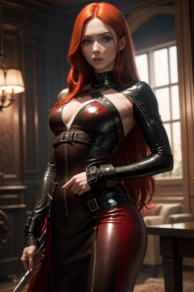 Karen Gillan, Long red hair, full face, thin face, Nordic facial features, fitness body, leather sexy maid clothes, leather strapping, submissive look, high realistic quality