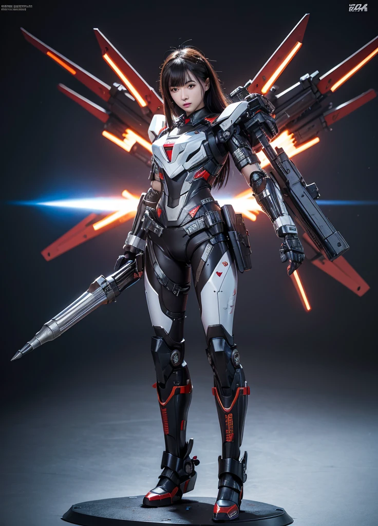 textured skin, Super Detail, High Detail, high quality, best quality, high resolution, 1080p, Hard Drive, fair,(robot),(Chest missile launcher),(Two-handed machine gun),美丽的robot女人,机甲robot女孩,Battle Mode,Mecha Girl,She was wearing a combat suit with weapons,full-body shot