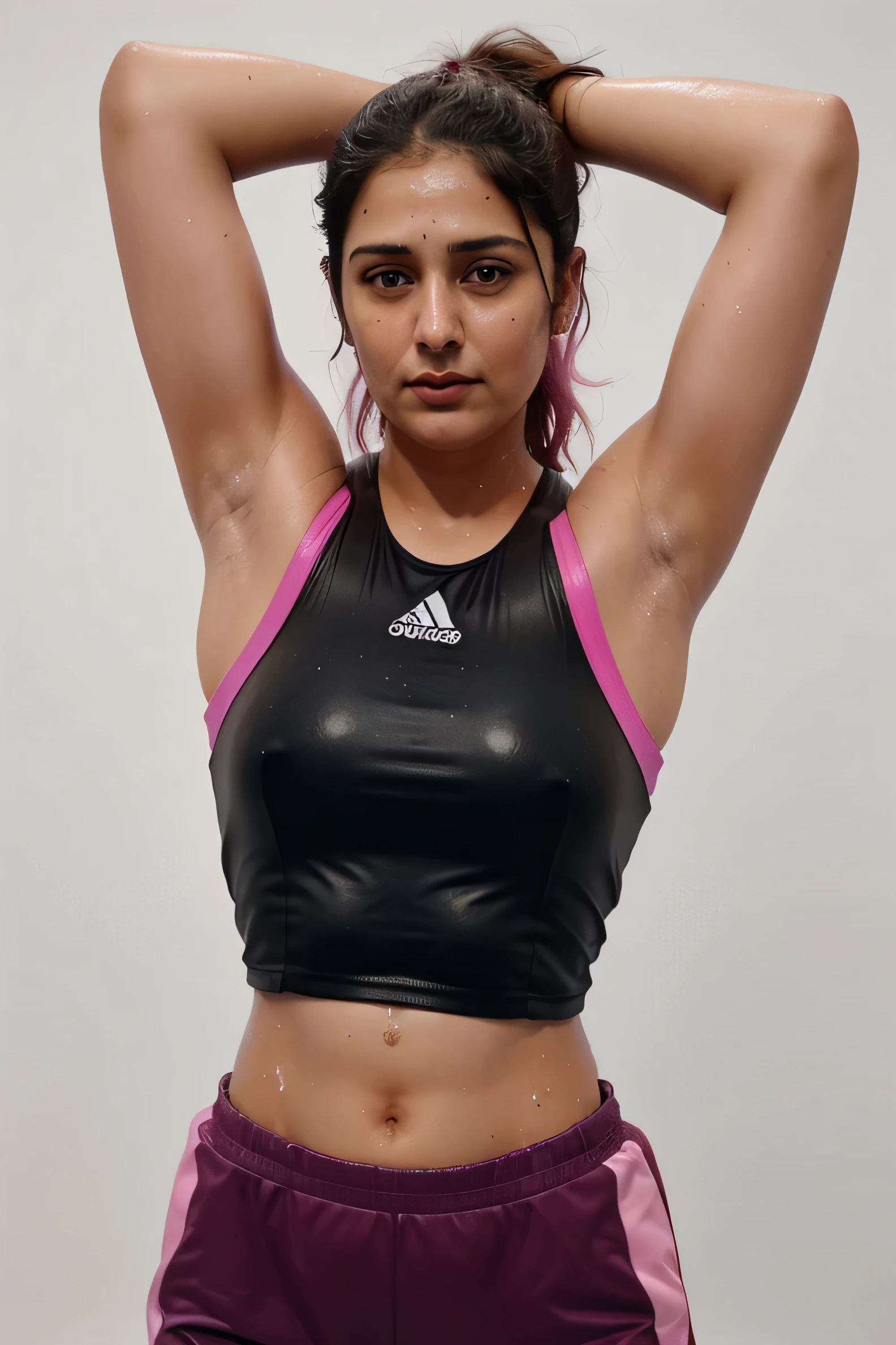 Looks like Anushka Shetty,31 year old woman,not too skinny,slightly chubby ,studio quality ,arms up,armpits, armpits,sweat,sweaty,sweaty armpits,awesome armpits,sweating ,sleeveless,exhausted,tired,boxing gloves,pink blouse,pink outfit,wearing boxing gloves on both hands,arms raised,very tired,sweating,arms raised,both arms raised,sweaty