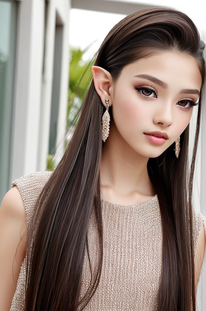 beautiful girl, Brown_Eye, ((Beautiful slim girl 18 years old, hair color [Brown highlights hair], [Undercut Elf] hair)), earrings, Lips, Practical, Willow Waist, charming, pink Lipstick, Colorful Makeup, Long eyelashes, earrings, Apply eyeliner, White skin, (Lovely), (Delicate face), detailed Eye, Detailed iris