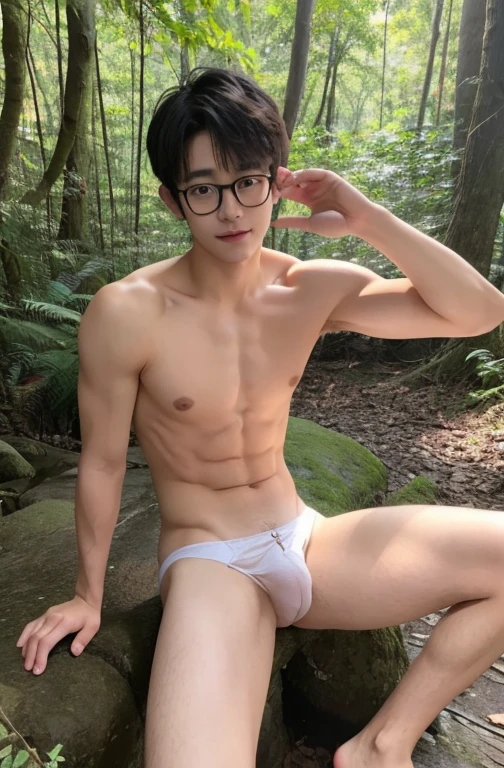 Beautiful boy、Cute Boys、20-year-old、Japanese Boy、White underwear、forest、naked、erection、Big eyes、Skinny、Rocky area、sit、Glasses