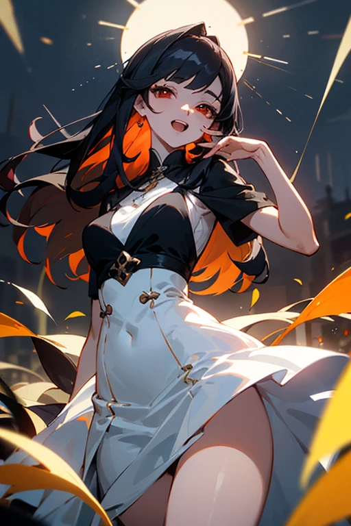 Filia, cute face, wide hips, tiny waist, big boobs, big ass, two long legs, two beautiful hands, white shirt, black buttons, little black tie, black skirt, black socks, black shoes.