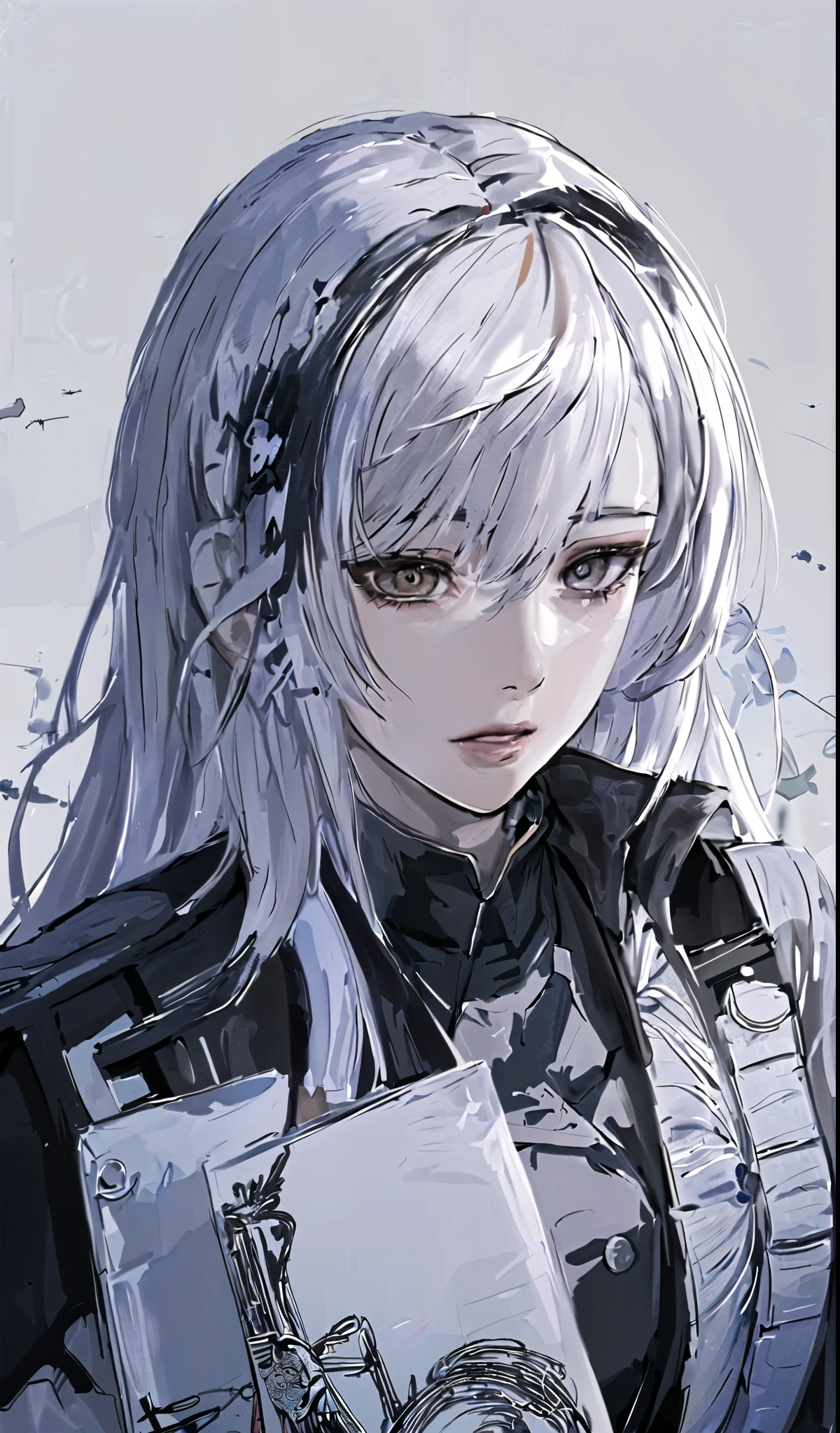 anime girl with white hair and black jacket looking at camera, girl with white hair, detailed portrait of anime girl, from girls frontline, semirealistic anime style, stunning anime face portrait, beautiful anime portrait, perfect white haired girl, fine details. girls frontline, realistic anime artstyle, made with anime painter studio, portrait anime girl, anime realism style, white haired