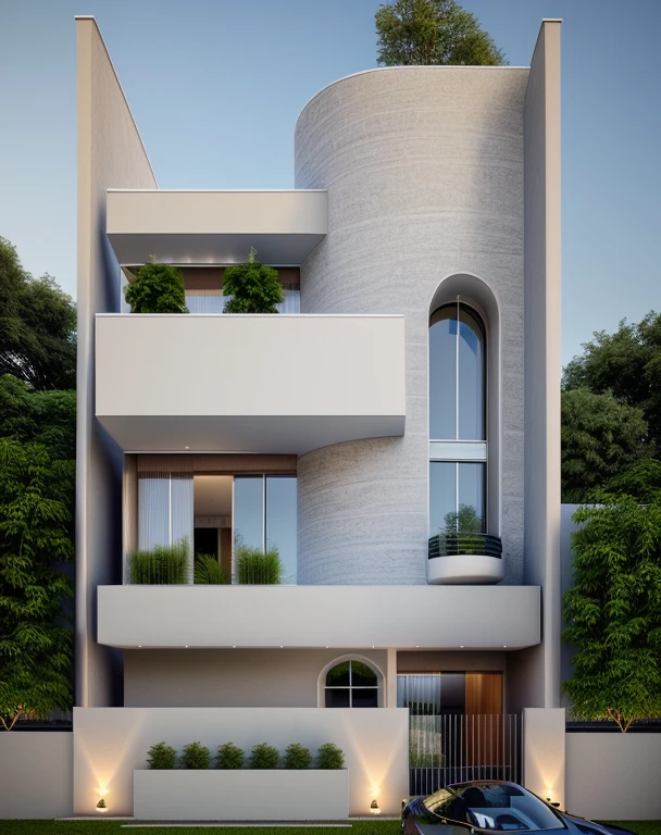 (masterpiece),(high quality), best quality, real,(realistic), super detailed, (full detail),(4k),8k,modern house exterior design,Modern architecture,Beautiful_sky,Day light, no_humans, outdoors,sky,tree,Garden flower front of building,