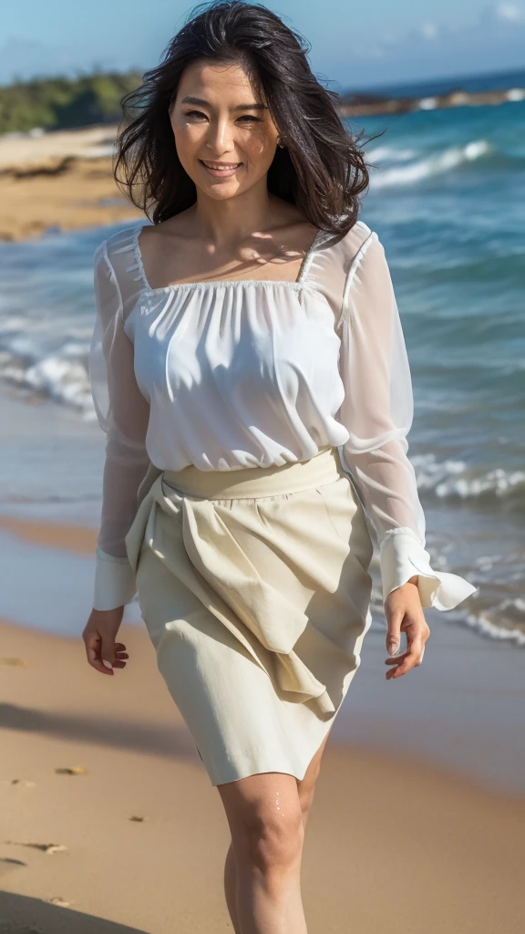 ((Top Quality)), ((8K)), ((Masterpiece: 1.3)), (Perfect Appearance), (Photorealism: 1.6), (Japanese woman walking on the beach: 1.4), (sandy beach at sunset), japanese woman, (48 years old), (back view), ((Standing upright, facing forward, center of screen)), ((Realistic skin texture)), (Fine wrinkles throughout the skin), (Dull skin), (Skin without moisture) , (Wrinkles on the face), (Wrinkles on the corners of the eyes), Double eyelids, tear bags on the lower eyelids, The eyes are looking here, serious gaze, smile with the corners of the mouth raised wide, straight medium length, hair fluttering in the wind, soft fabric blouse, (through white blouse: 1.3), (Plump and glamorous body), (wide sleeves), (Cuffs that fit your wrist), (The hem of the blouse is tucked into the skirt: 1.2), flare skirt, (Bare feet wet with seawater), (face close-up: 1.3), Angle from feet: 1.2,