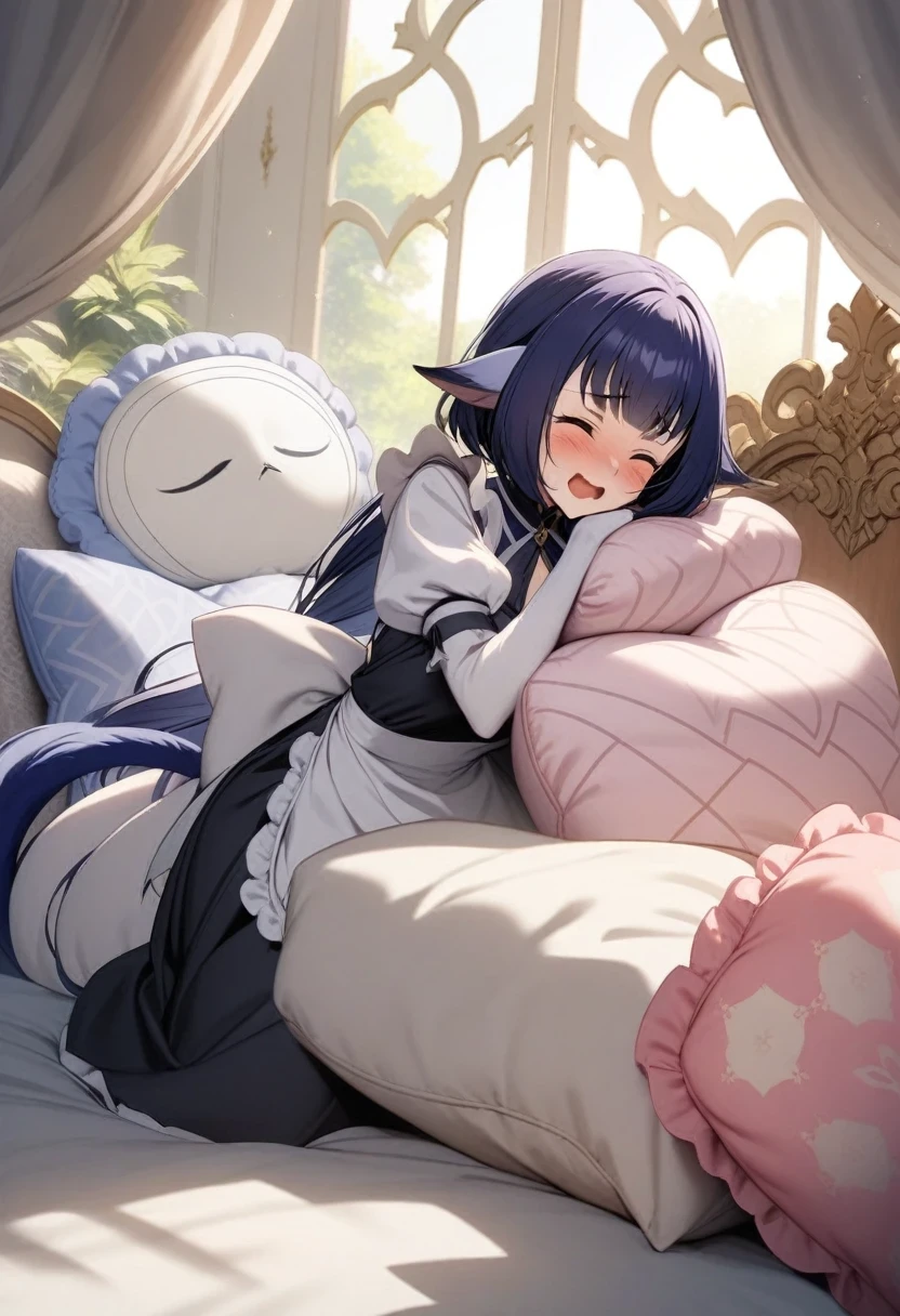 (shylily/(Twich/):1.5),(masterpiece:1.2),(best quality:1.2), (Light and shadow suitable for any pillow background)), Cute girl in Maid costume posing on pillow, Maid costume,White,Nature,, (blush),a smile,Pillow Head,(Lots of pillows),Soft cushion,(canopy bed),Soft pillow quotation,(Pillow damage),Lots of pillows,(Crotch rubbing),(A tail),,(Pink pillow),(Love around the protagonist),Steam,(Pillow Head),(),(Luxury pillows),(Palace pillow pattern pillow),(palace),(Palace bedroom),(Gorgeous pattern pillow),Soft pillows,,(Classical European style bedroom ),(excited,shy person,Lack of expressiveness,)