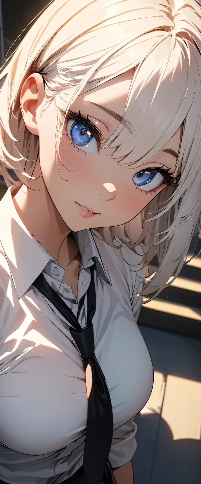 (high quality, 8k, 4K, High Contrast, masterpiece:1.2, 最high quality, Best aesthetics), 1 Female, (Real skin texture:1.3), (Film Grain:1.3), (Selfie angle, High angle), One girl, Beautiful and detailed eyes and face, 最high quality, close, Upper Body,